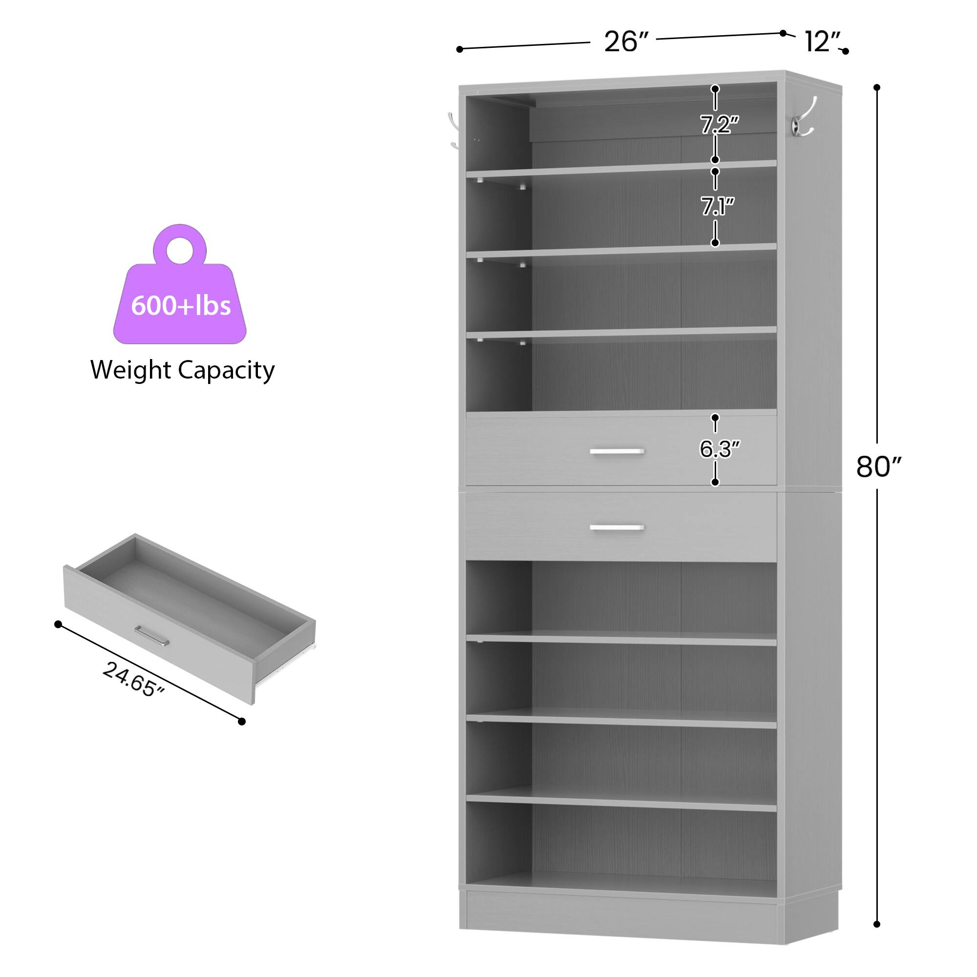26" x 12"  
7.2"  
7.1"  
600+ lbs Weight Capacity  
6.3"  
80"  
24.65"