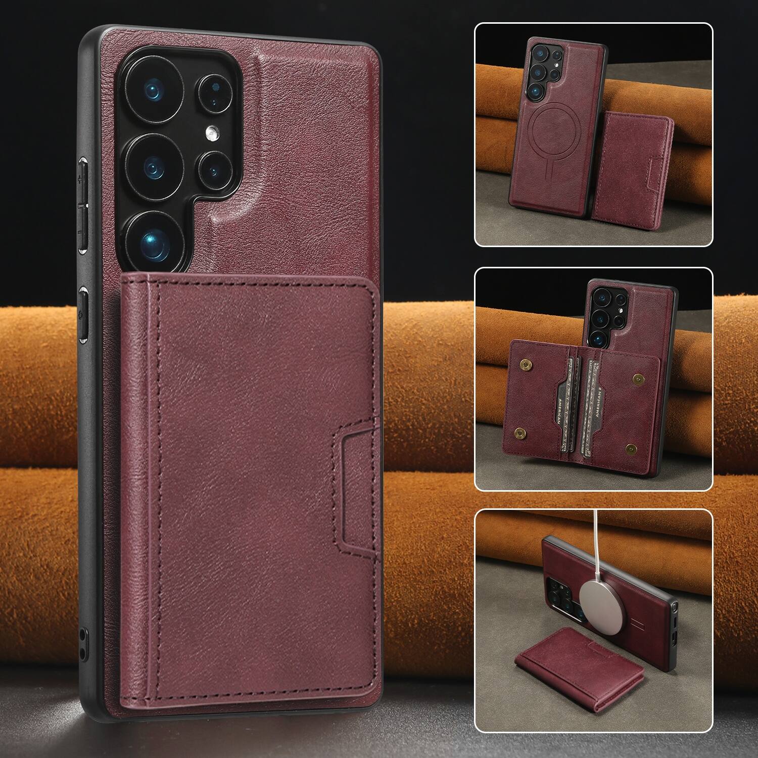 Alt View 1. Dteck - Detachable Magnetic PU Leather Cover For Samsung Galaxy S26 Ultra, Shockproof Card Holder Wallet Protection Case - Winered.
