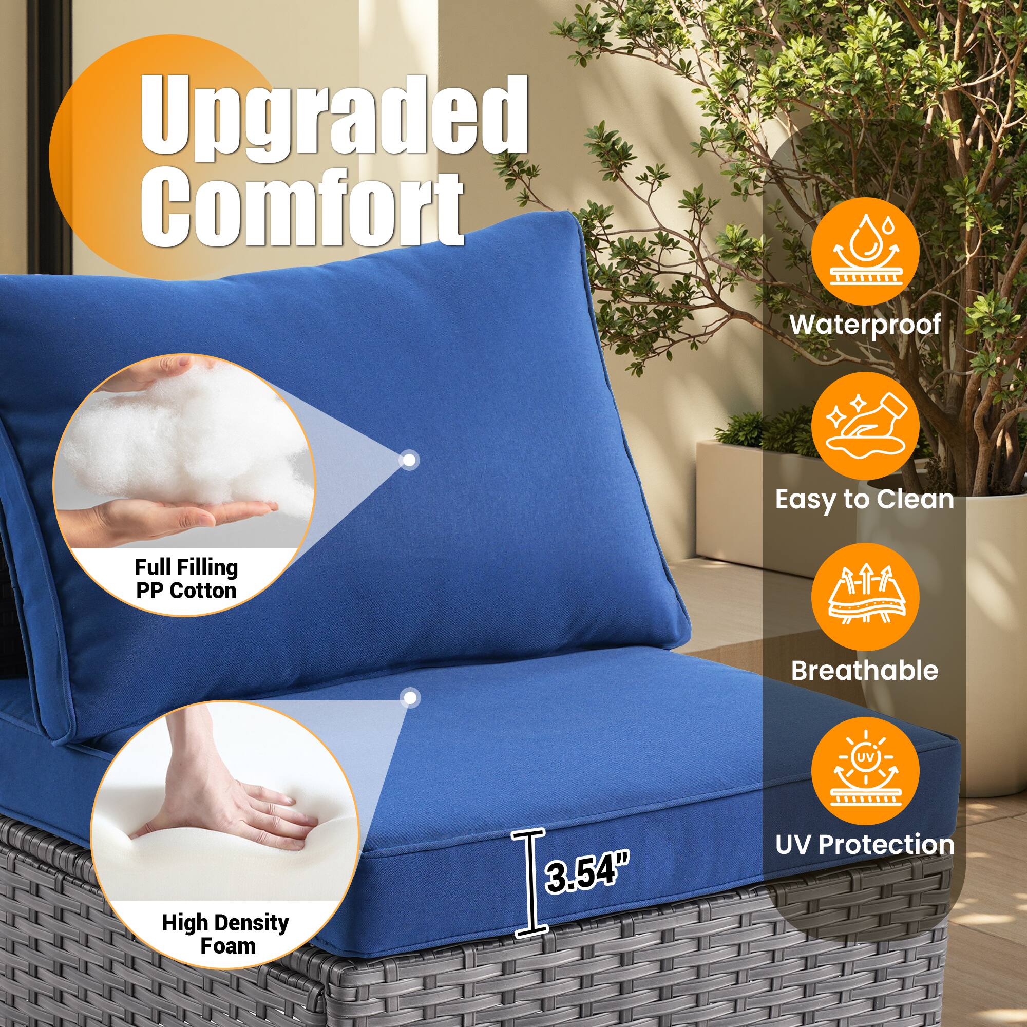 Upgraded Comfort

- Waterproof
- Easy to Clean
- Breathable
- UV Protection

- Full Filling PP Cotton
- High Density Foam

3.54"