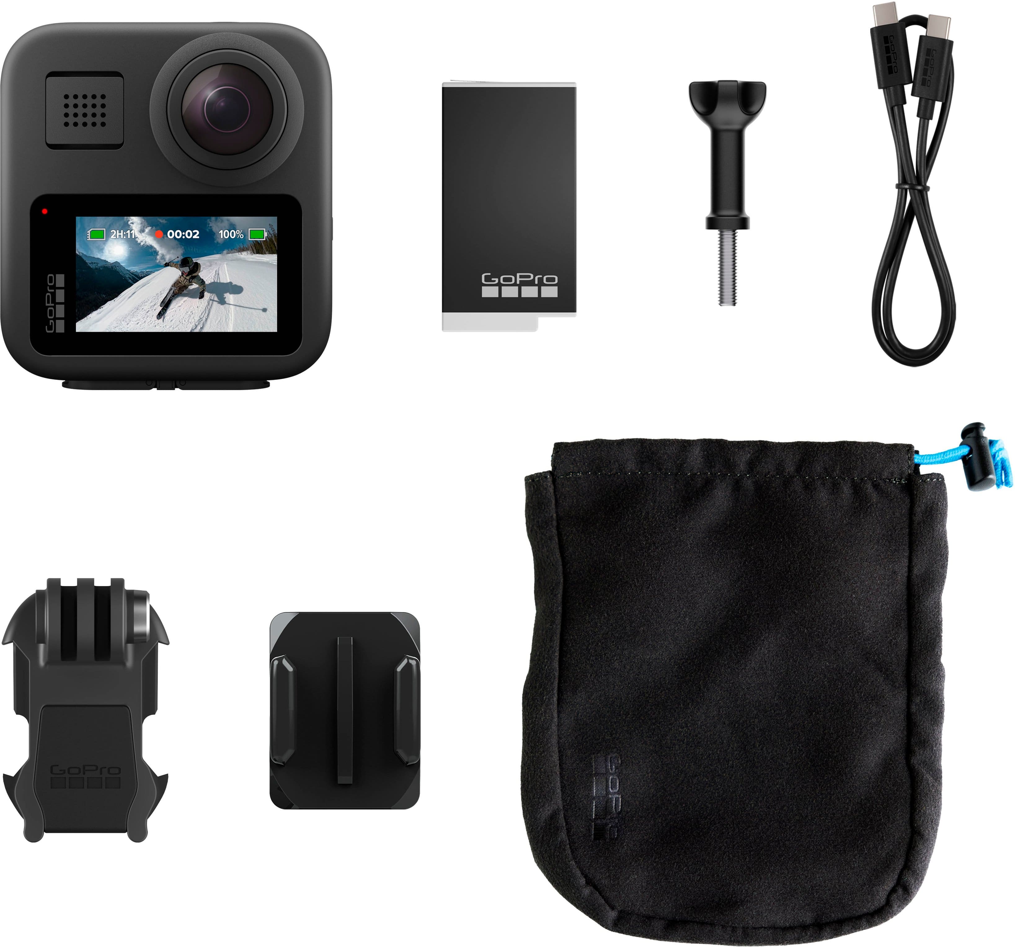 The image features a black GoPro camera and its accessories, including a black pouch, a black case, a black strap, and a black mount. The camera is positioned at the top left of the image, while the pouch is located in the middle right. The case is situated at the bottom left, and the strap is placed in the middle right. The mount is found at the bottom left corner of the image.
