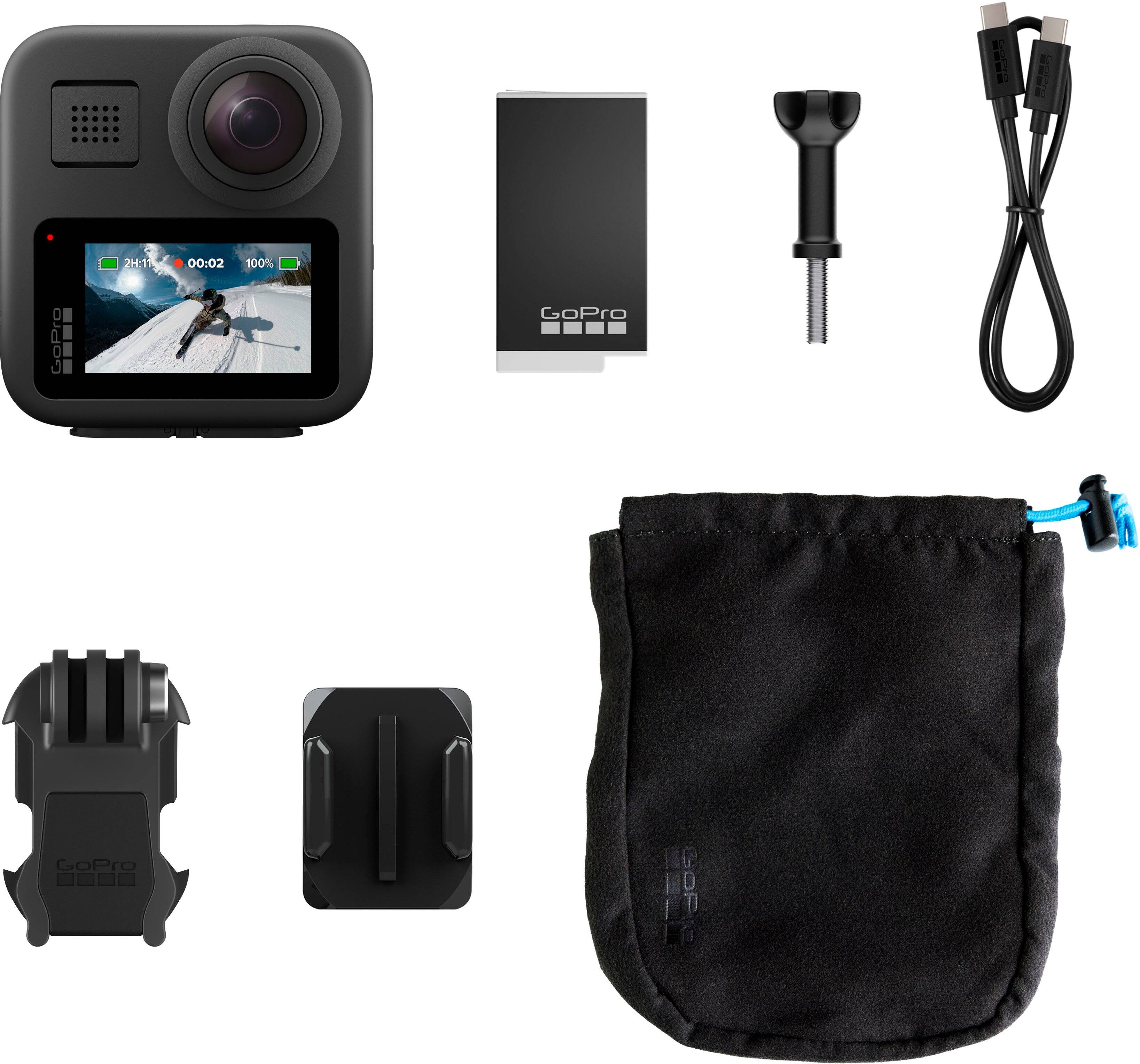 The image features a black GoPro camera and its accessories, including a black pouch, a black case, a black strap, and a black mount. The camera is positioned at the top left of the image, while the pouch is located in the middle right. The case is situated at the bottom left, and the strap is placed in the middle right. The mount is found at the bottom left corner of the image.