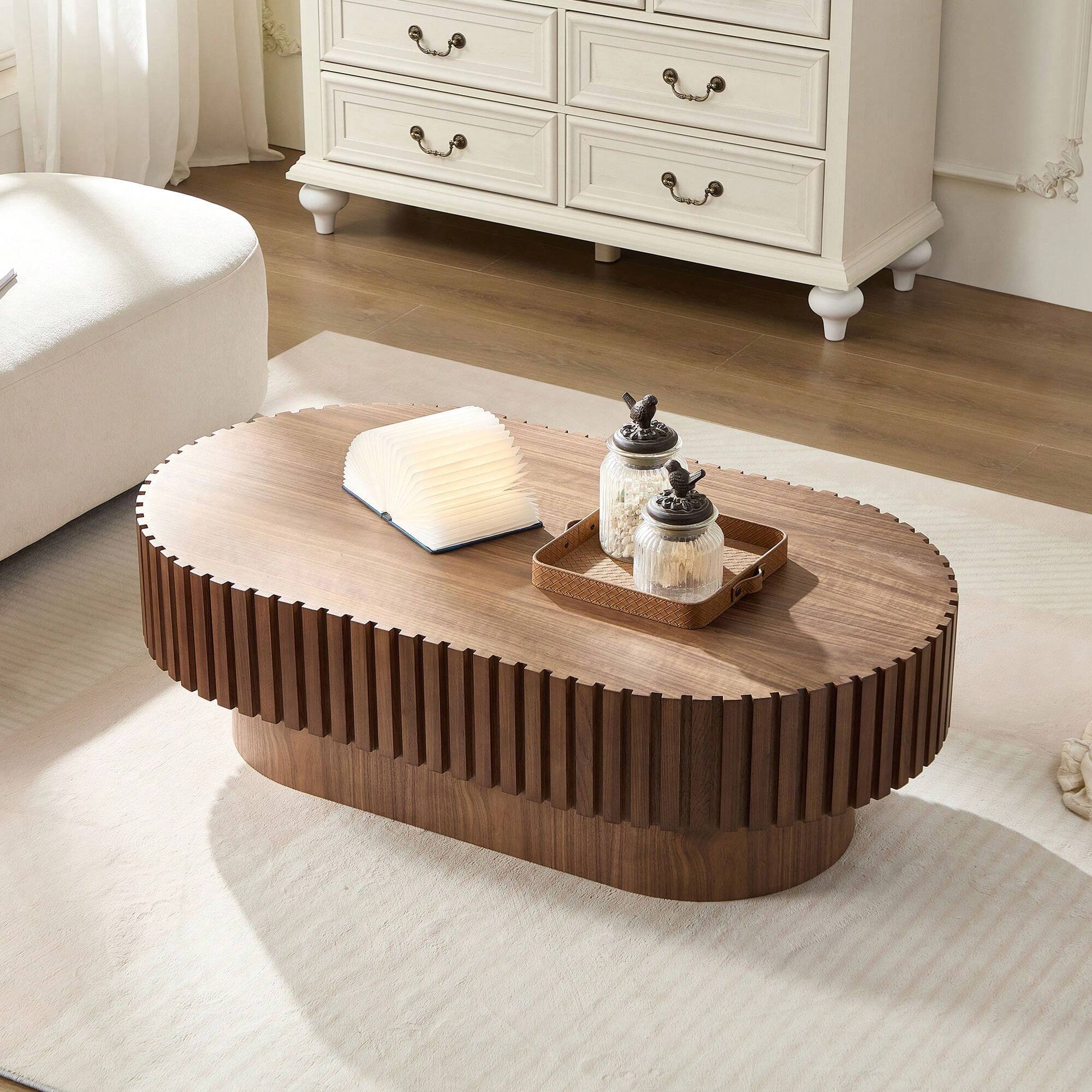 Left. Trinkets Crazed - Round Fluted Coffee Table, Mid Century Modern Irregular Large 43.7 Inch Wood Drum Design - Walnut.