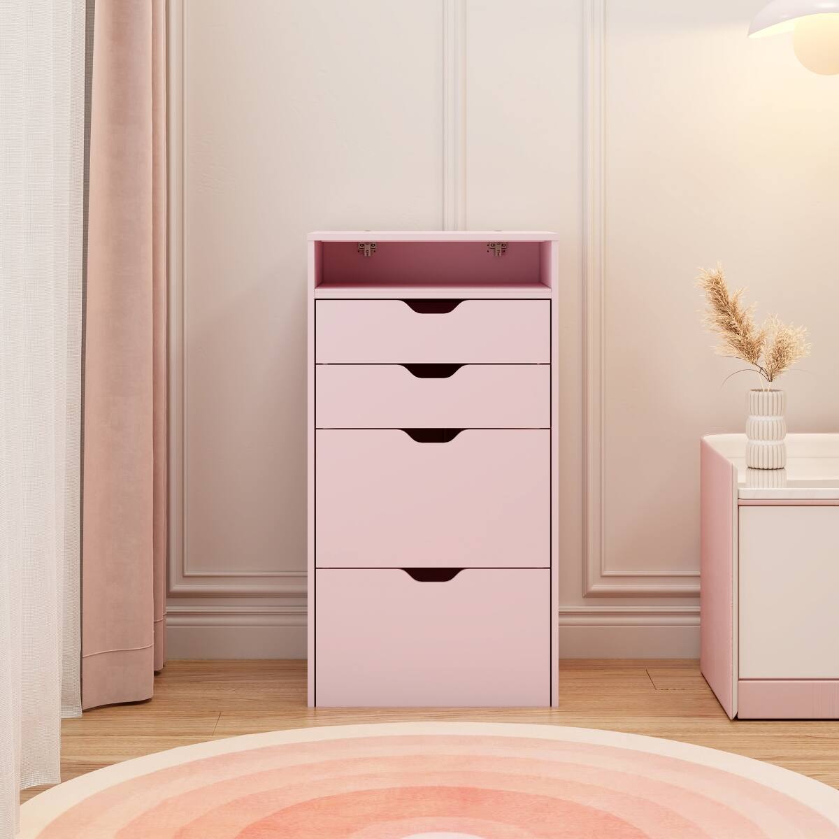 Alt View 7. Loheer - Loheer Pink Makeup Vanity with Stool, Flip Up Mirror and Three Color Lights - Pink.