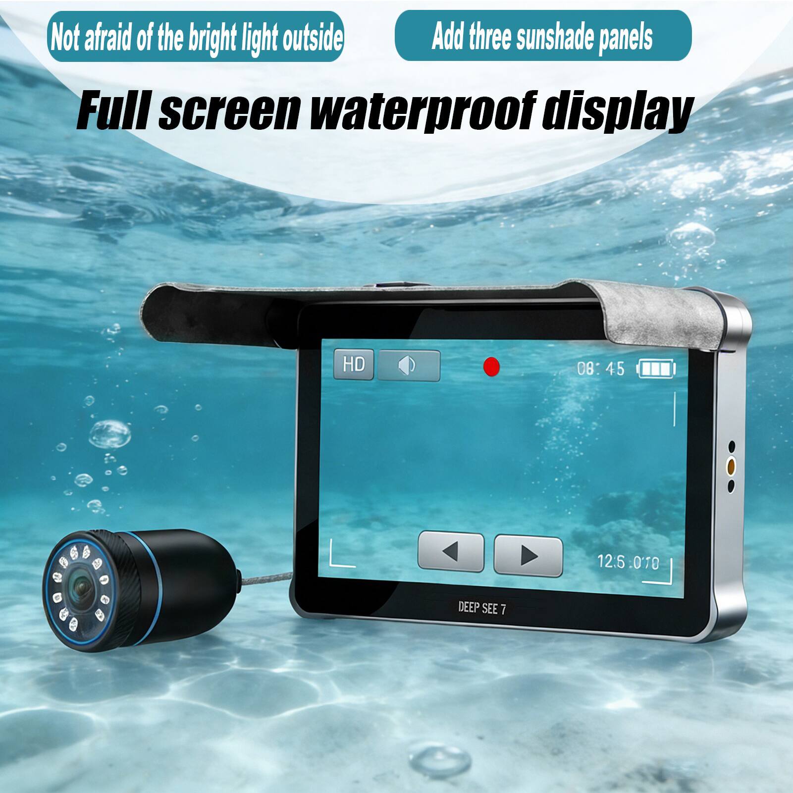 Not afraid of the bright light outside  
Add three sunshade panels  
Full screen waterproof display  
HD  
08:45  
12:5:010  
DEEP SEE 7