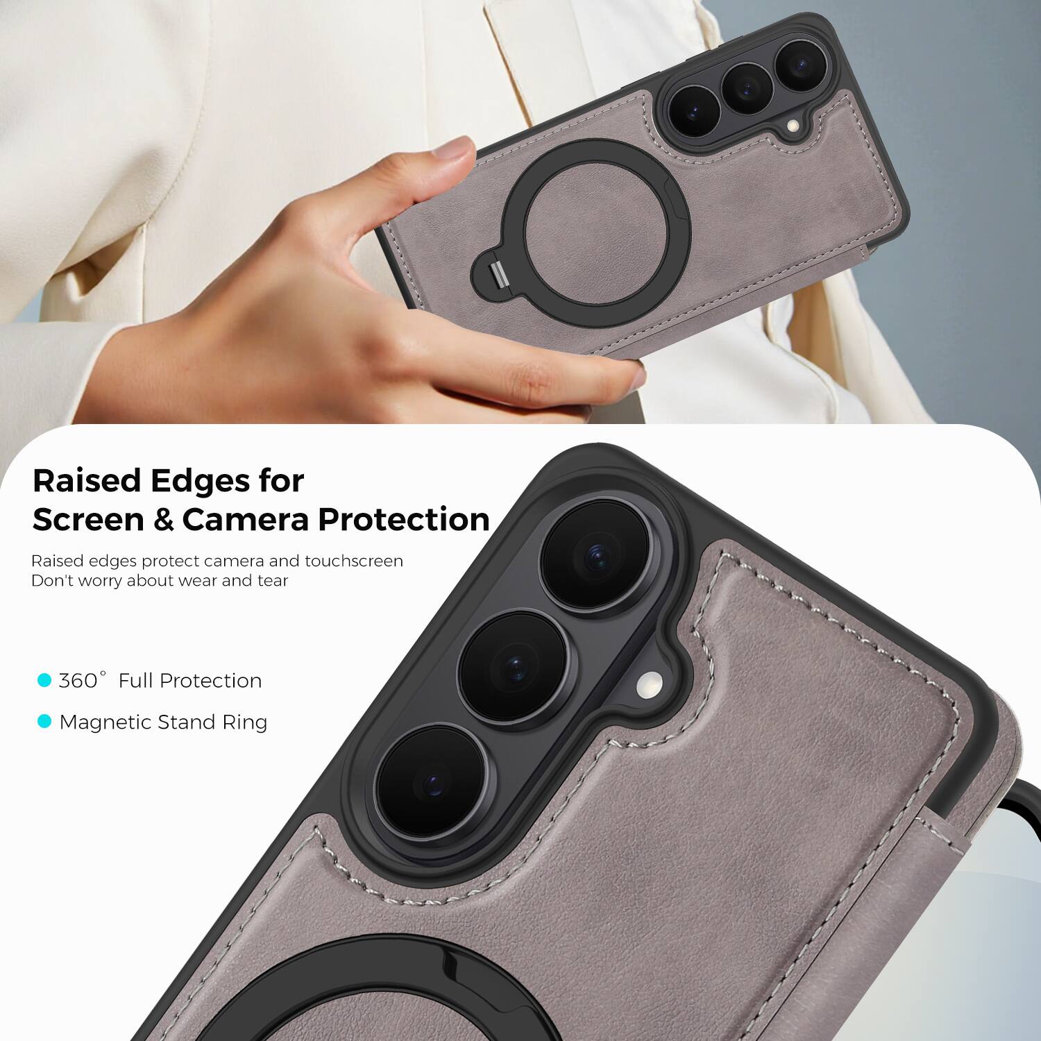 Raised Edges for Screen & Camera Protection  
Raised edges protect camera and touchscreen  
Don't worry about wear and tear  

360° Full Protection  
Magnetic Stand Ring