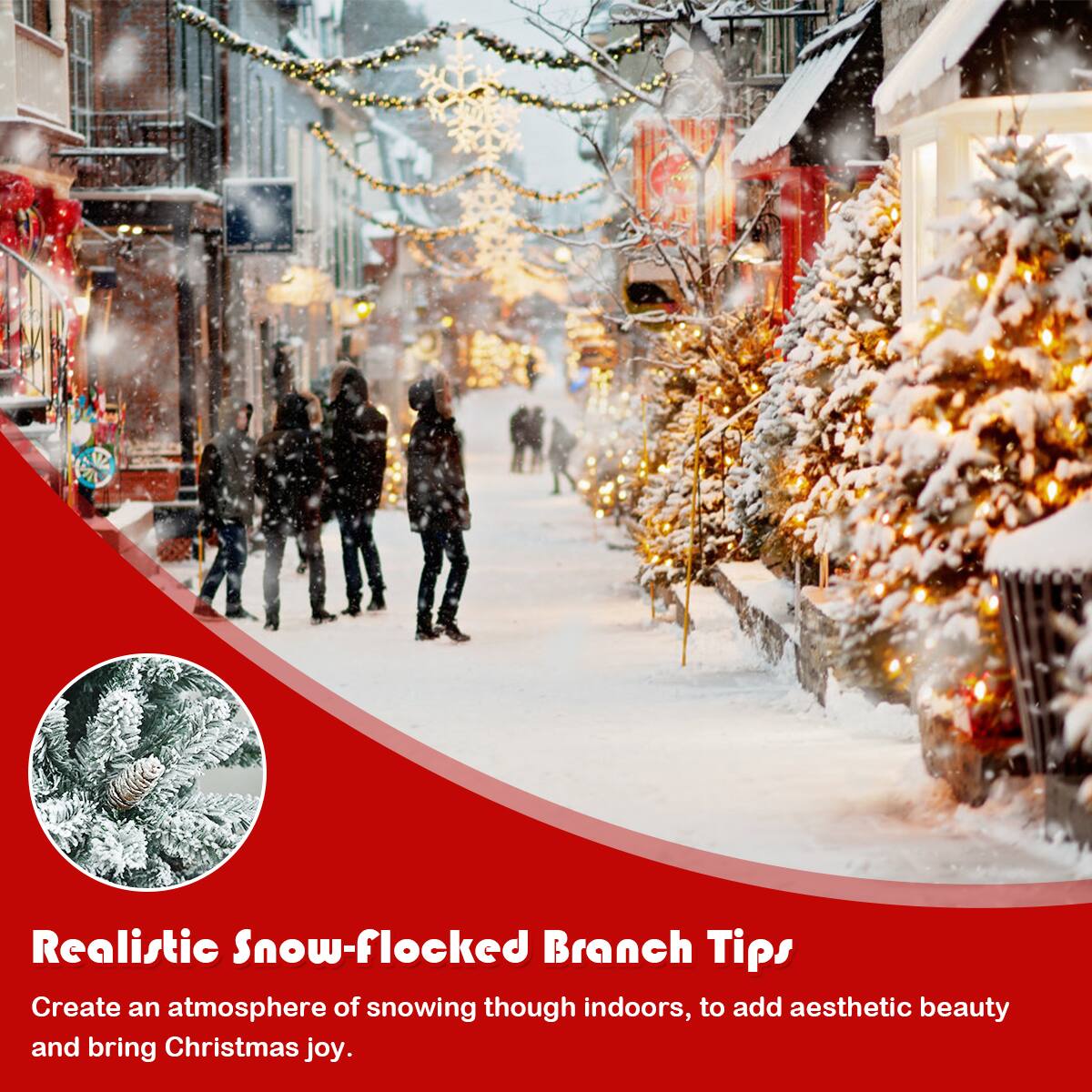 Realistic Snow-flocked Branch Tips: Create an atmosphere of snowing through indoors, to add aesthetic beauty and bring Christmas joy.