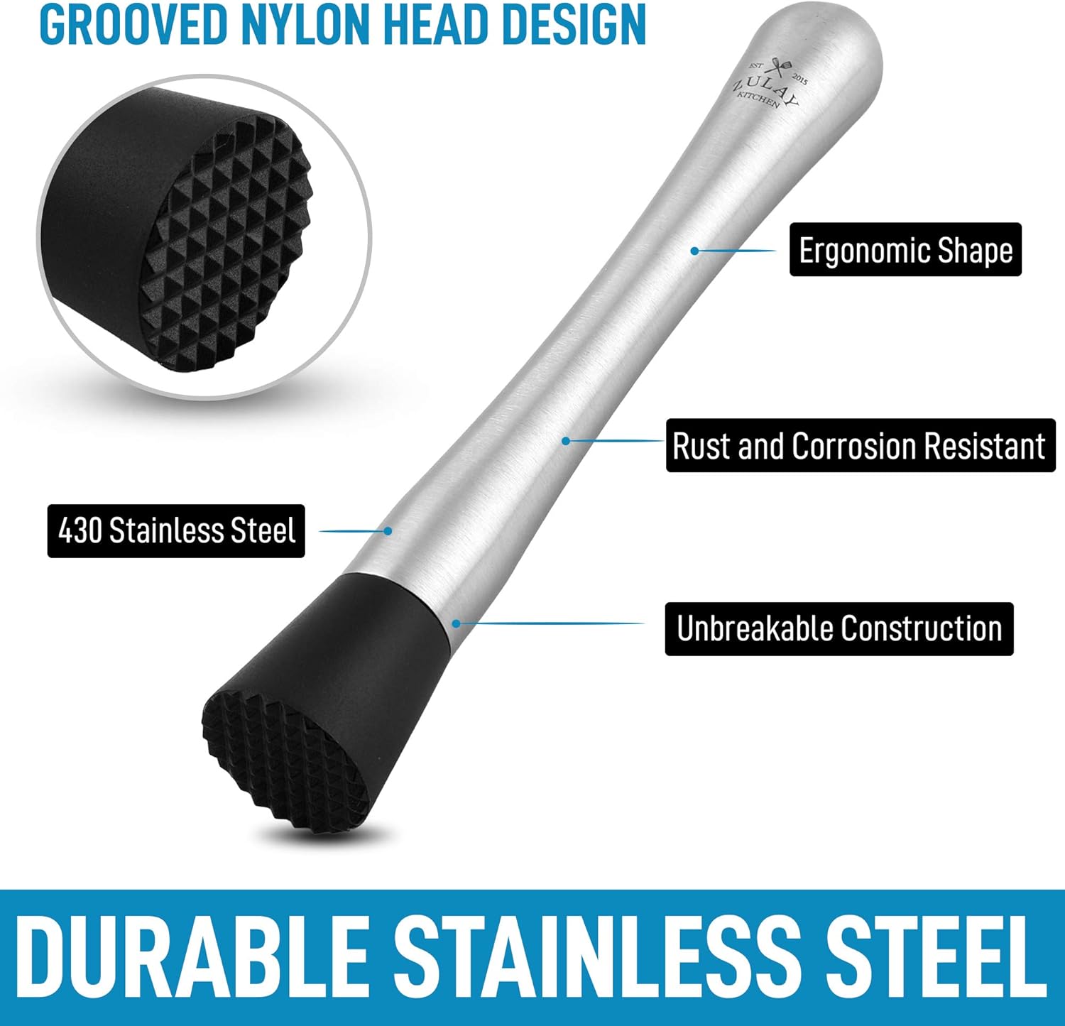GROOVED NYLON HEAD DESIGN

- Ergonomic Shape
- Rust and Corrosion Resistant
- Unbreakable Construction
- 430 Stainless Steel

DURABLE STAINLESS STEEL