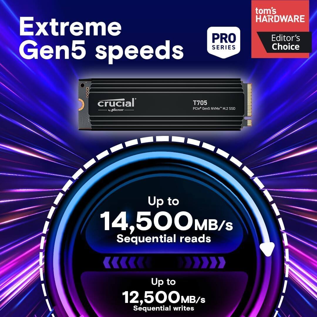 tom's HARDWARE Extreme PRO Editor's Choice Gen5 SERIES  
Crucial T705 PCIe Gen5 NVMe M.2 SSD  
Up to 14,500 MB/s Sequential reads  
Up to 12,500 MB/s Sequential writes