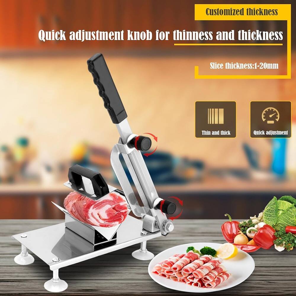 Customized thickness  
Quick adjustment knob for thinness and thickness  
Slice thickness: 1-20mm  
Thin and thick  
Quick adjustment