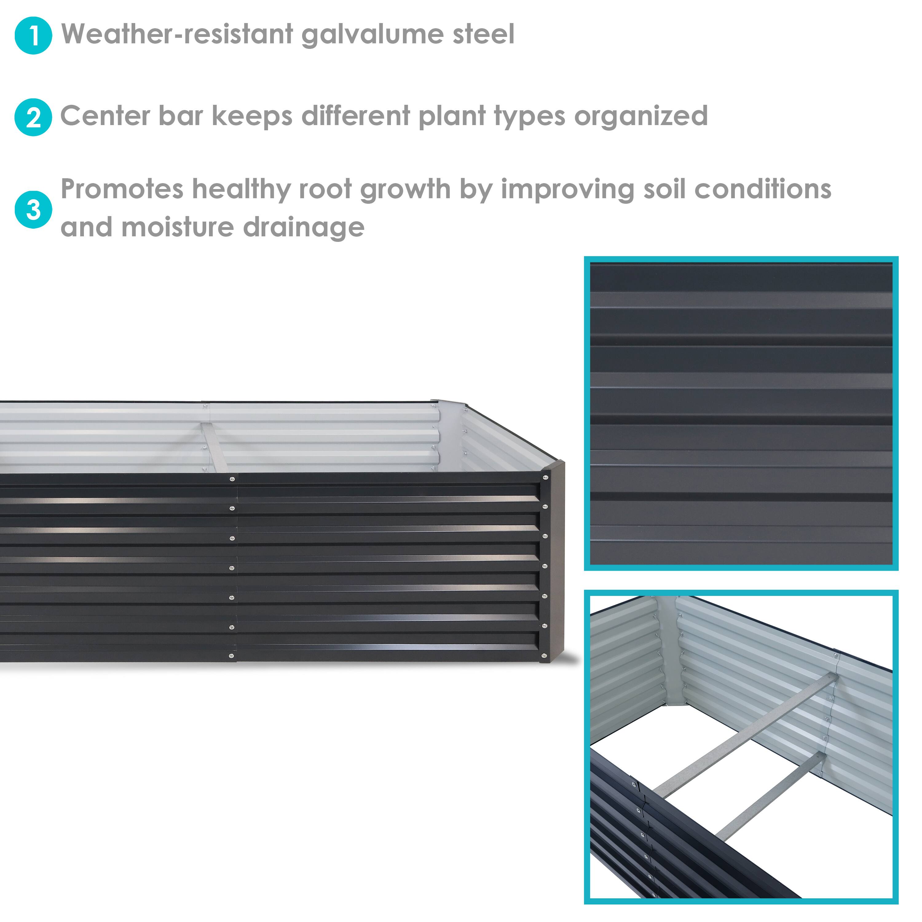 1. Weather-resistant galvalume steel

2. Center bar keeps different plant types organized

3. Promotes healthy root growth by improving soil conditions and moisture drainage