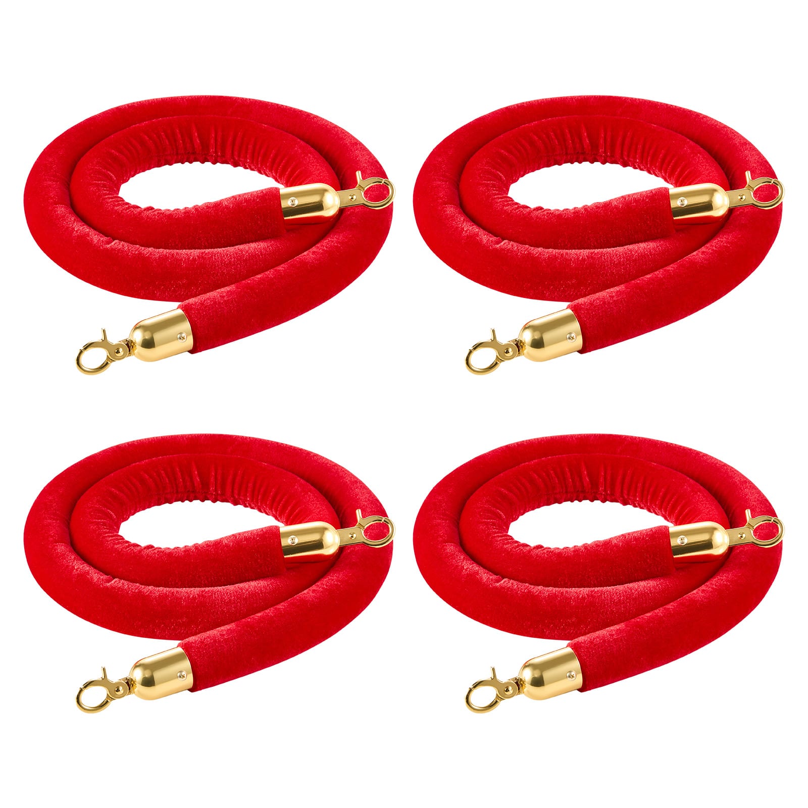 VEVOR - 4 Pcs Red Velvet Stanchion Ropes, 5 ft Crowd Control Stanchion Red Velvet Ropes with Gold Hooks, Post Queue Barrier - Golden red