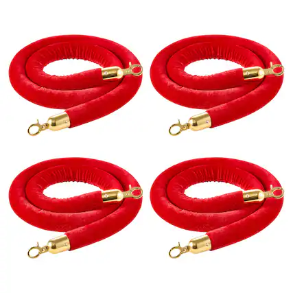 Front. VEVOR - 4 Pcs Red Velvet Stanchion Ropes, 5 ft Crowd Control Stanchion Red Velvet Ropes with Gold Hooks, Post Queue Barrier - Golden red.