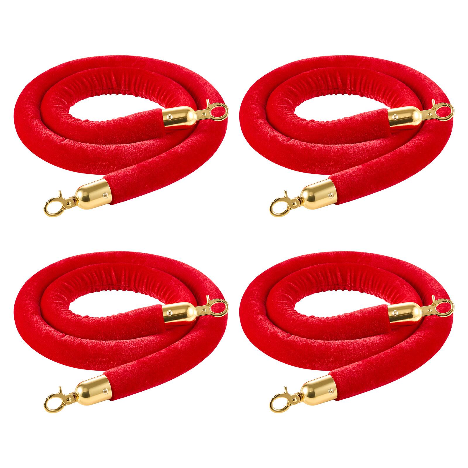Front. VEVOR - 4 Pcs Red Velvet Stanchion Ropes, 5 ft Crowd Control Stanchion Red Velvet Ropes with Gold Hooks, Post Queue Barrier - Golden red.