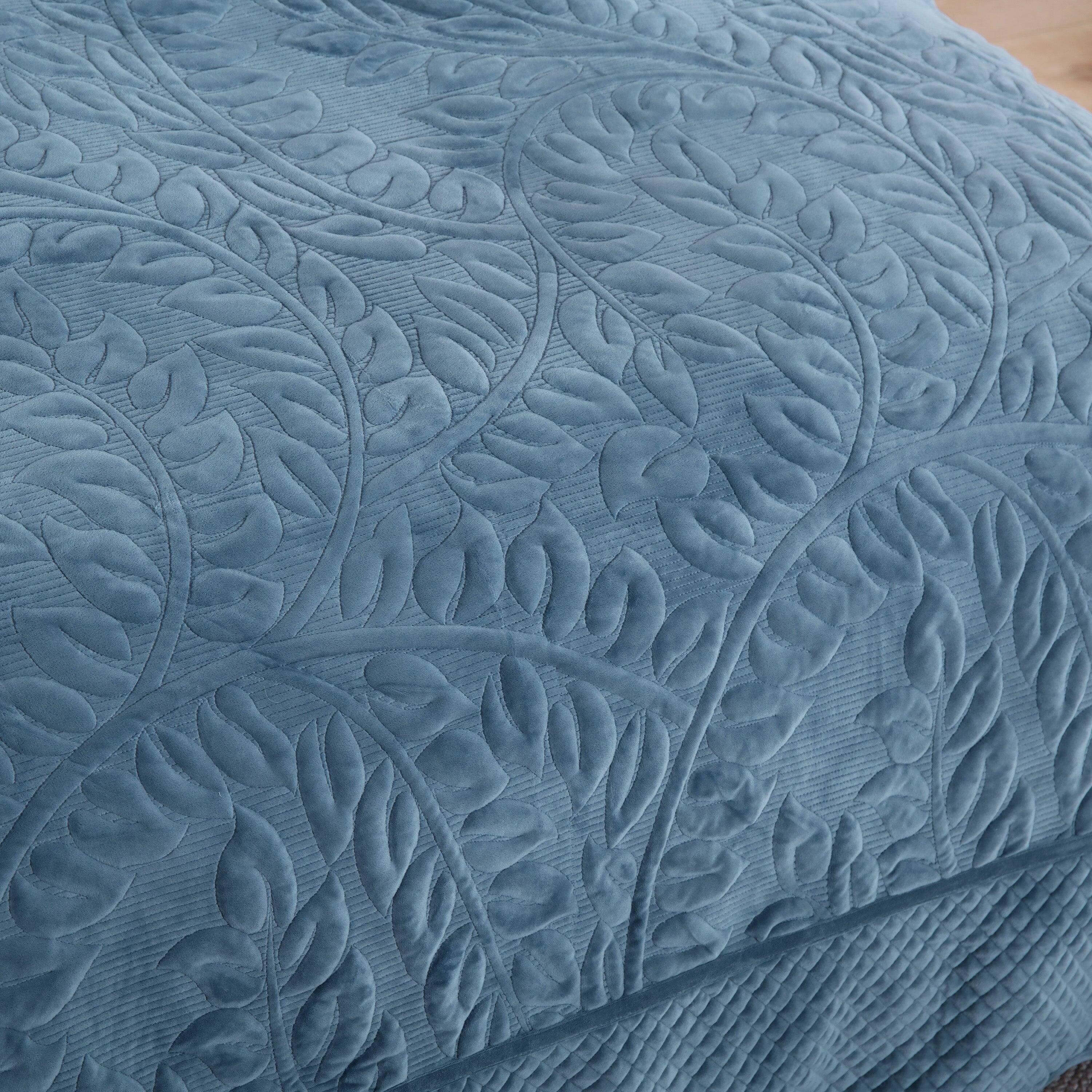 Back. MarCielo - Marcielo 3Pc Luxury Velvet Oversized Embroidery Soft and Plush Quilt Set - Elegant Blue.
