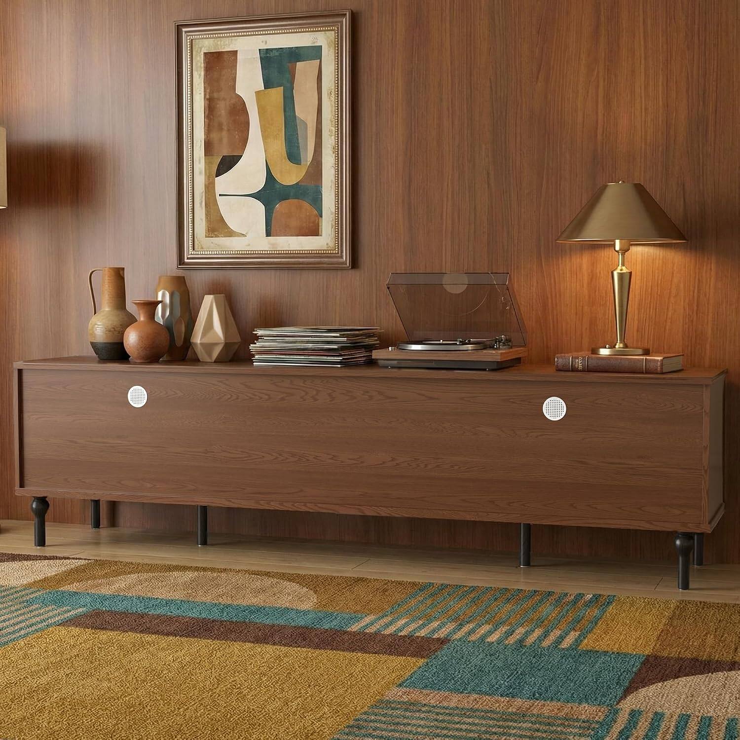 Alt View 2. luck idea - 78.7" Vintage Wood TV Stand, Mid Century Media Console with Fluted Sliding Doors & Arched Glass Cabinet, for Living Room - black.