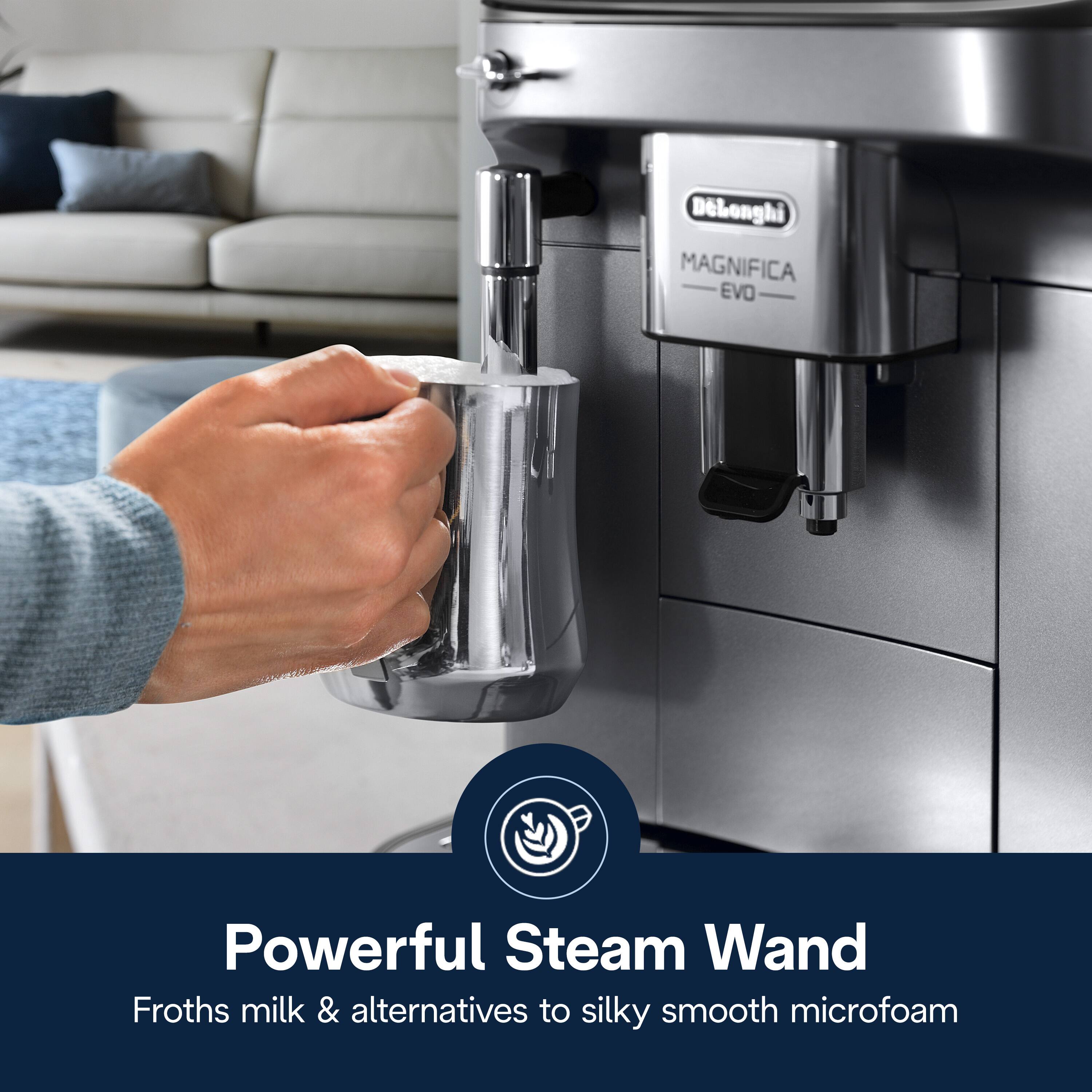 Debonghi MAGNIFICA EVO Powerful Steam Wand Froths milk & alternatives to silky smooth microfoam