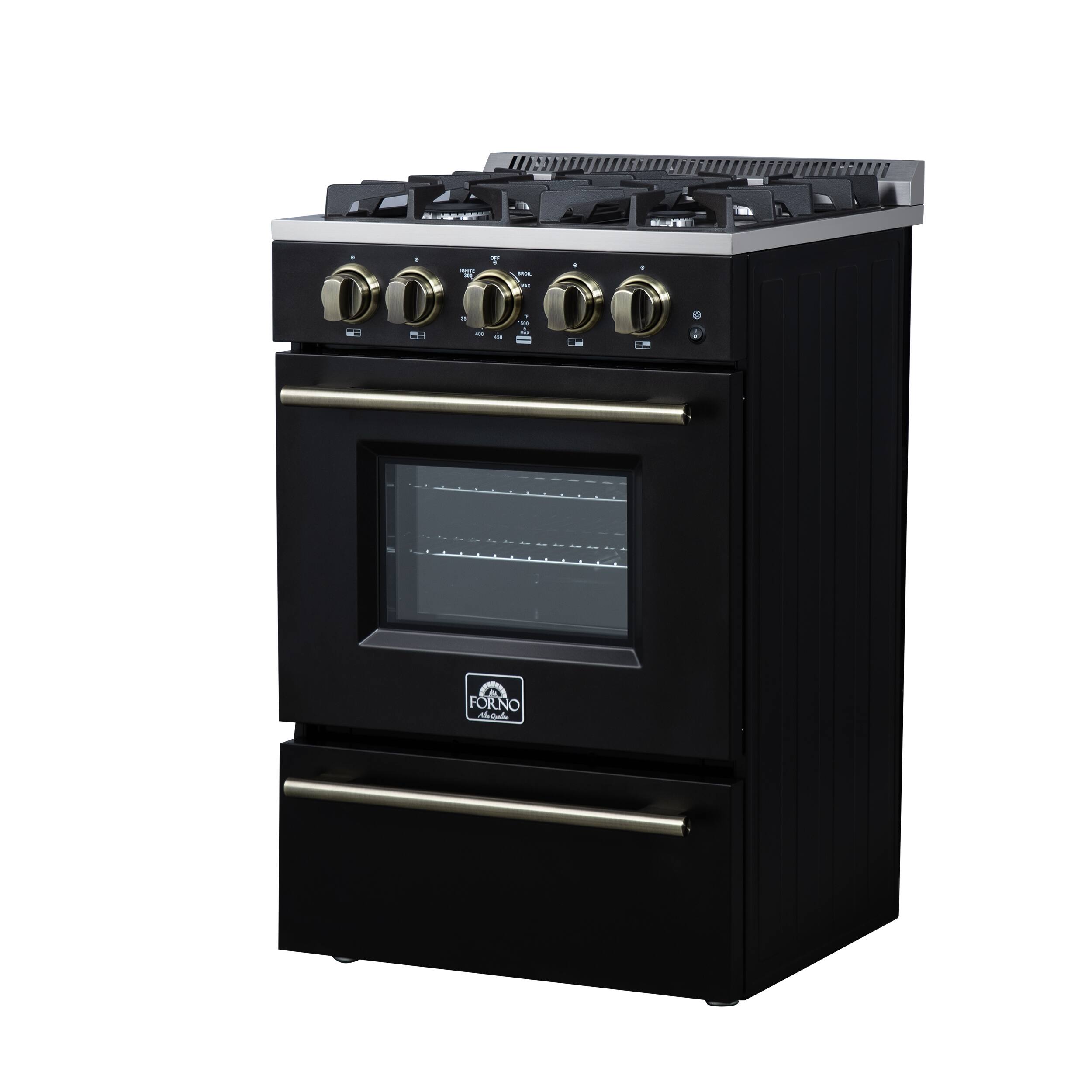 Angle. Forno Appliances - Breno 2.3 Cu. Ft. Freestanding Gas Range with Antique Brass Accents - Black.
