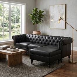 Loheer - 85 Inch L-Shaped Sectional Sofa 4-Seater PU Leather Couch with Storage Ottoman - Black