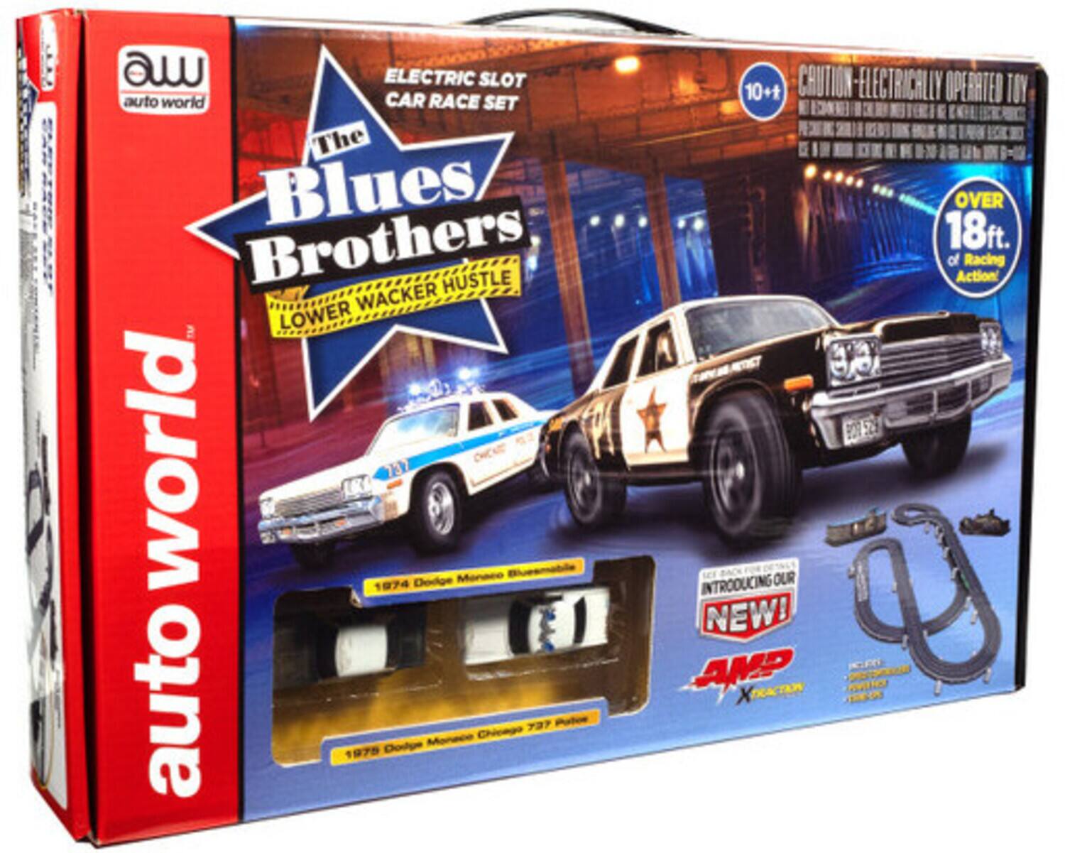ELECTRIC SLOT CAR RACE SET  
The Blues Brothers  
LOWER WACKER HUSTLE  

auto world  

10+  
CAUTION - ELECTRICALLY OPERATED TOY  

OVER 18ft. of Racing Action  

1974 Dodge Monaco Chicago Police  
1975 Dodge Monaco Chicago Police  

INTRODUCING OUR NEW!  
AMP XTRACTOR  

auto world