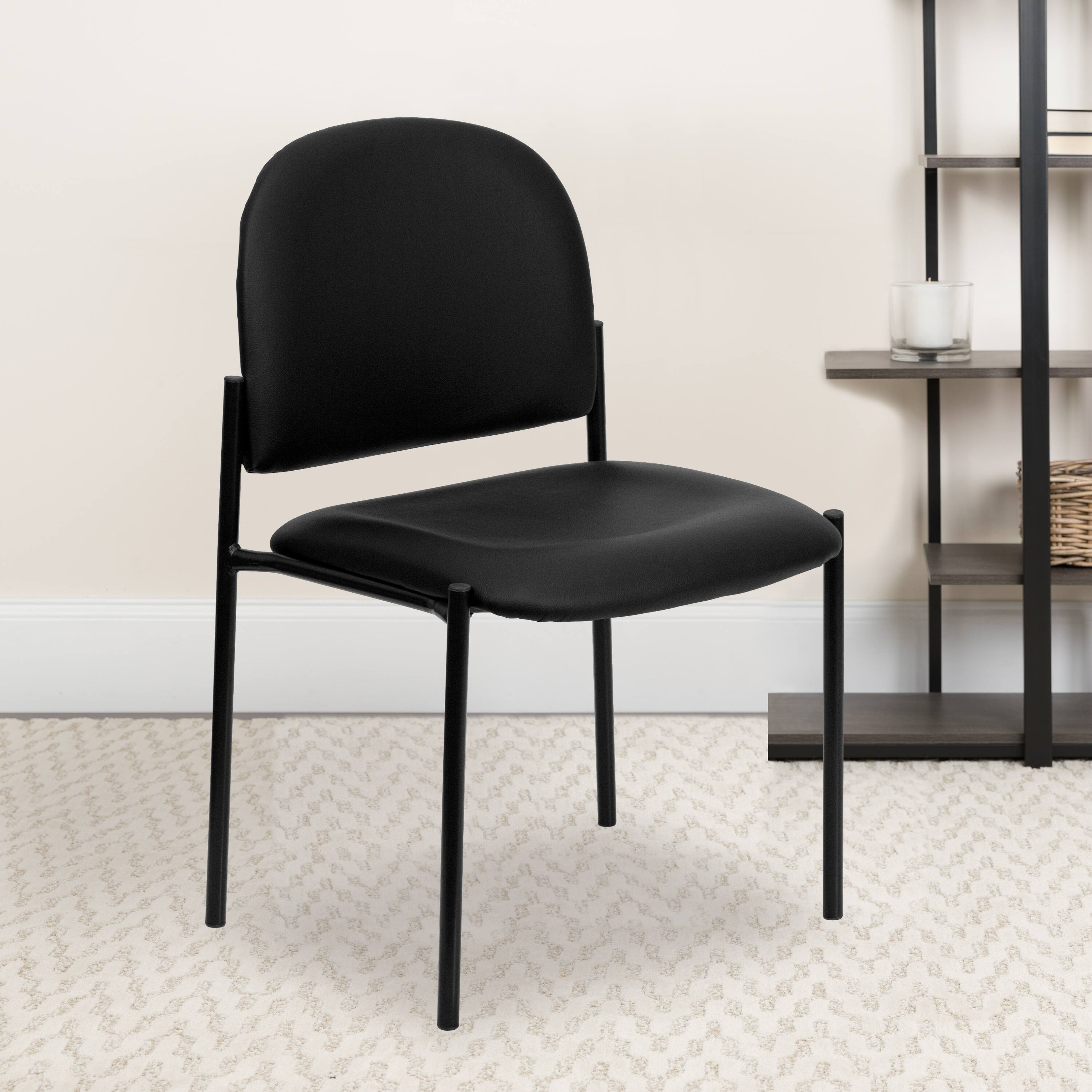 Alt View 1. Emma + Oliver - Comfort Stackable Steel Side Reception Chair - Black Vinyl.
