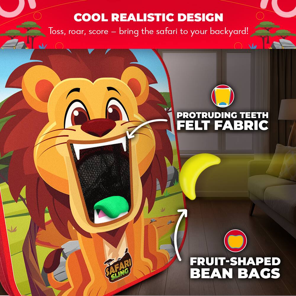 COOL REALISTIC DESIGN  
Toss, roar, score – bring the safari to your backyard!  

PROTRUDING TEETH  
FELT FABRIC  

FRUIT-SHAPED BEAN BAGS