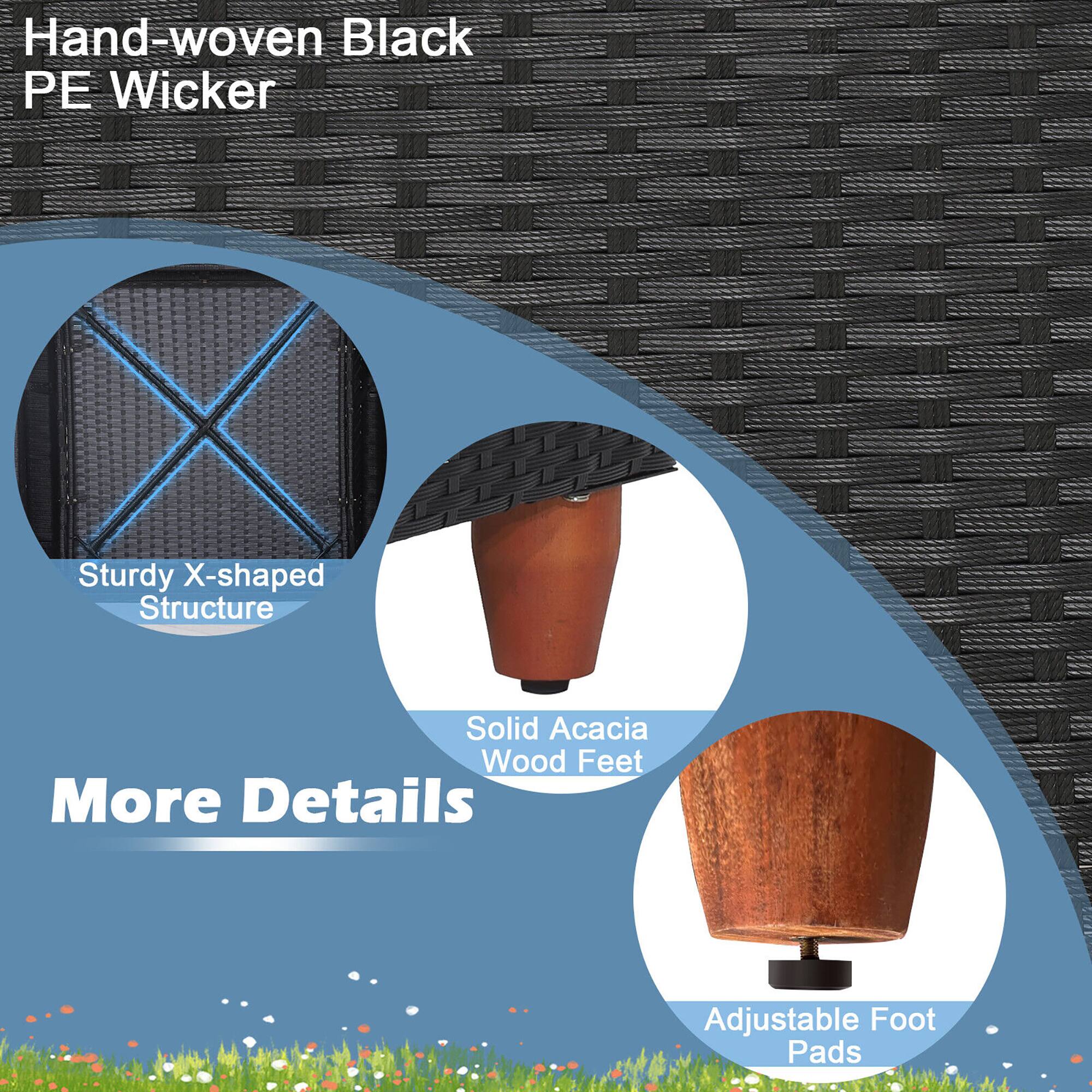 Hand-woven Black PE Wicker, Sturdy X-shaped Structure, Solid Acacia Wood Feet, Adjustable Foot Pads, More Details