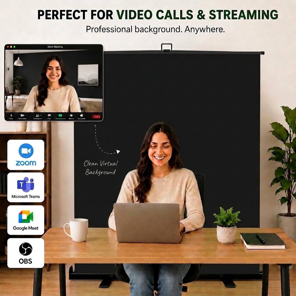PERFECT FOR VIDEO CALLS & STREAMING  
Professional background. Anywhere.

Zeom Meeting  
hele  
by Proteiner  
On Apricia Remines  
04

ZOOM  
Clean Virtual Background  
Microsoft Teams  
Google Meet  
OBS