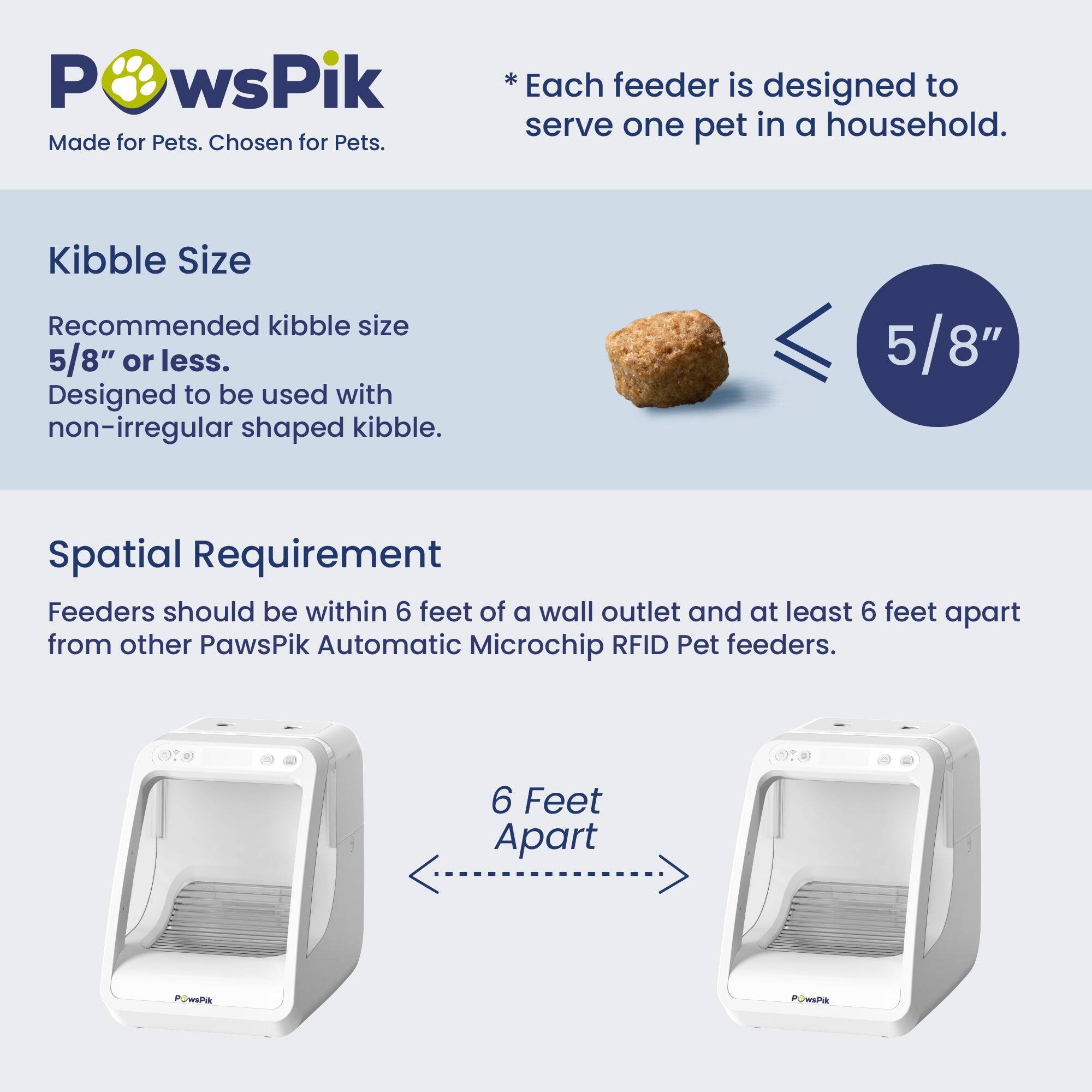 PawsPik  
Made for Pets. Chosen for Pets.

*Each feeder is designed to serve one pet in a household.

Kibble Size  
Recommended kibble size 5/8" or less.  
Designed to be used with non-irregular shaped kibble.

Spatial Requirement  
Feeders should be within 6 feet of a wall outlet and at least 6 feet apart from other PawsPik Automatic Microchip RFID Pet feeders.