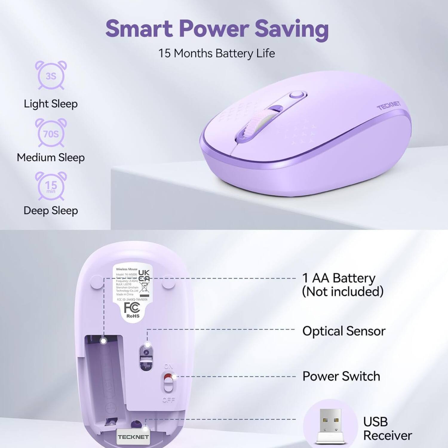 Smart Power Saving  
15 Months Battery Life  

Light Sleep  
3S  

Medium Sleep  
70S  

Deep Sleep  
15 min  

1 AA Battery (Not included)  
Optical Sensor  
Power Switch  
USB Receiver  

UK  
CA  

FC  
RoHS  

TECKNET