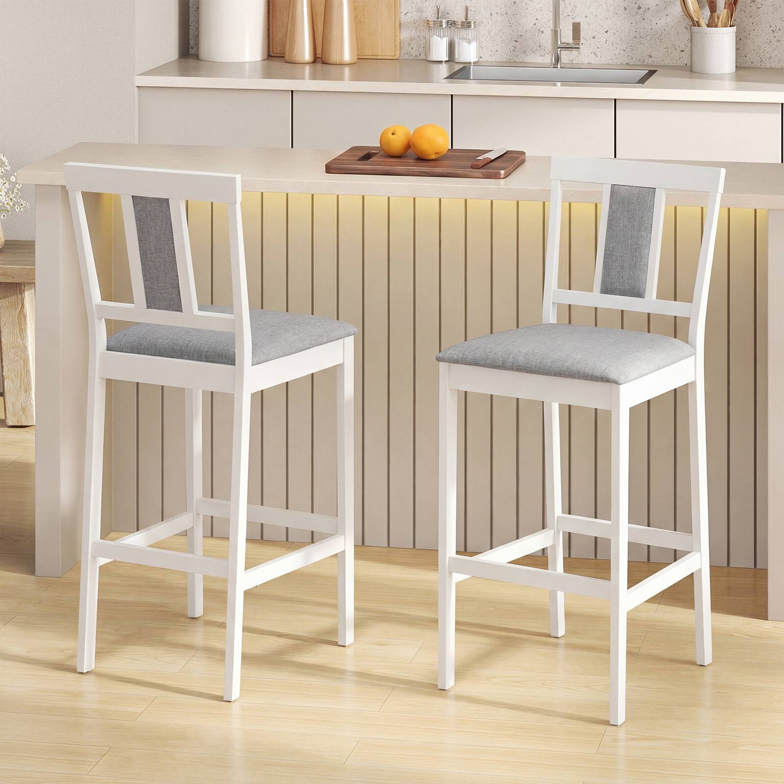 Alt View 3. Costway - Costway Upholstered Barstool Set of 4, Modern 29.5" Bar Height Kitchen Island Stool - White + Gray.