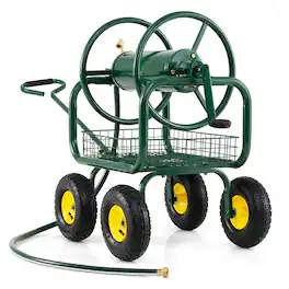 Costway - Garden Hose Reel Cart with 4 Wheels, Storage Basket, 300 FT of 5/8" Large Capacity - Green