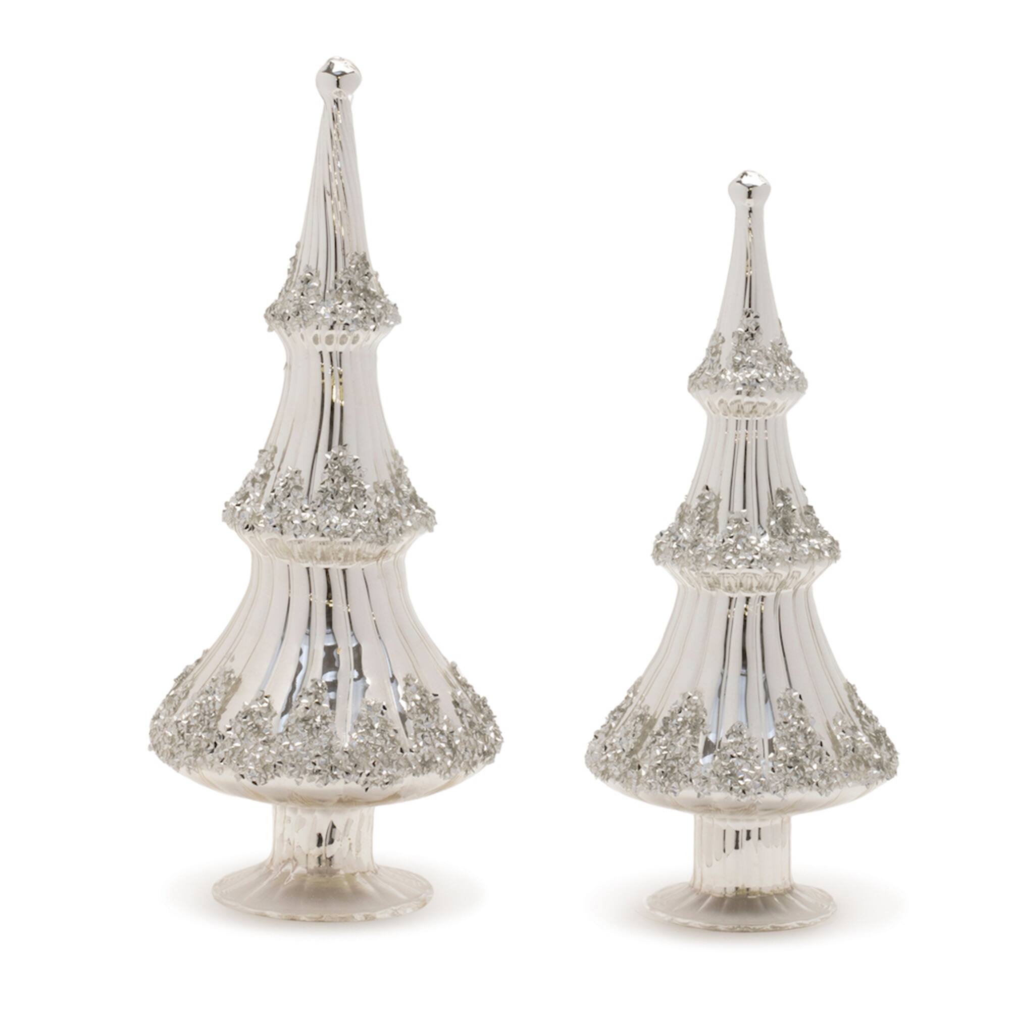 Front. BreeBe - Silver Beaded Glass Holiday Tree (Set of 2) - Silver.