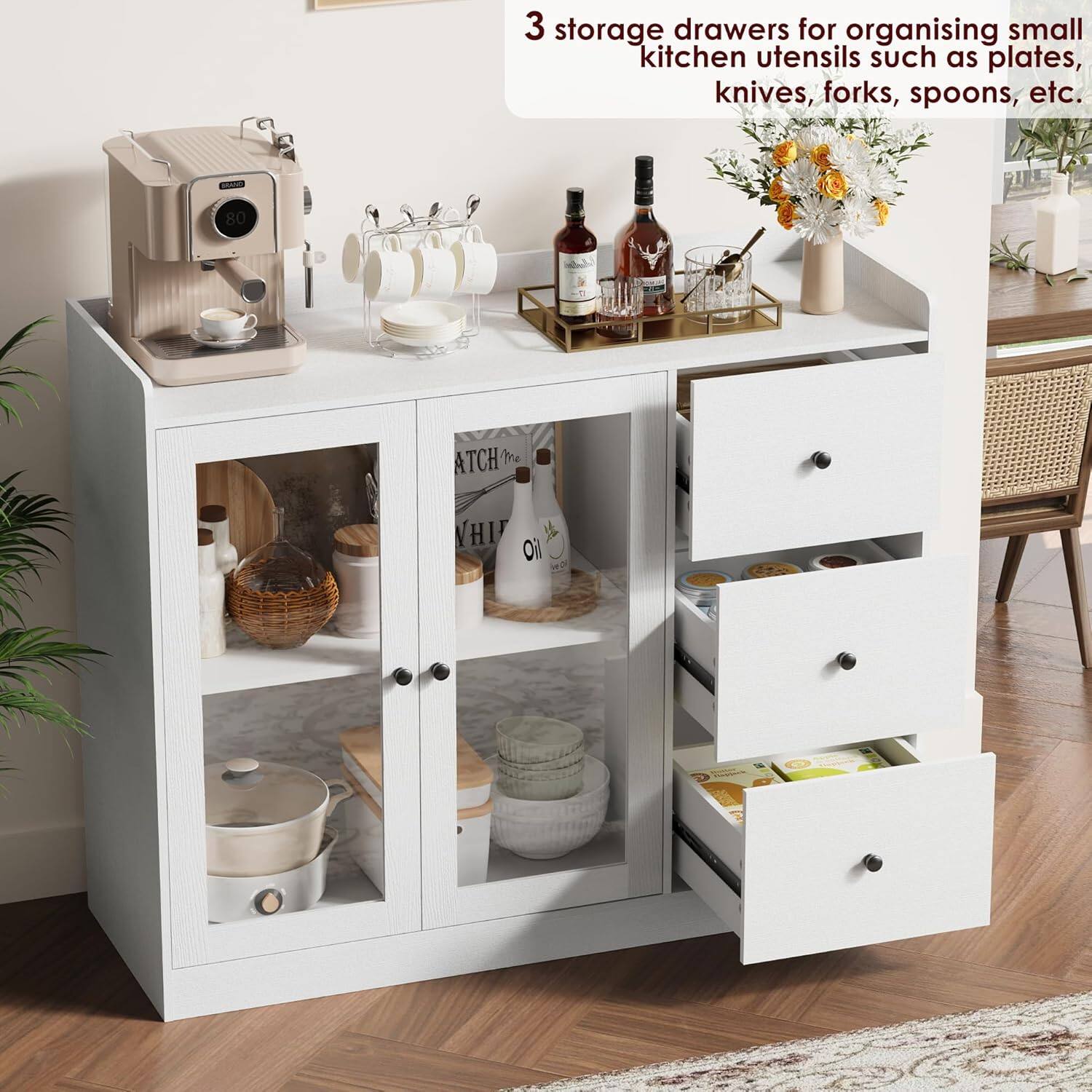 3 storage drawers for organising small kitchen utensils such as plates, knives, forks, spoons, etc.