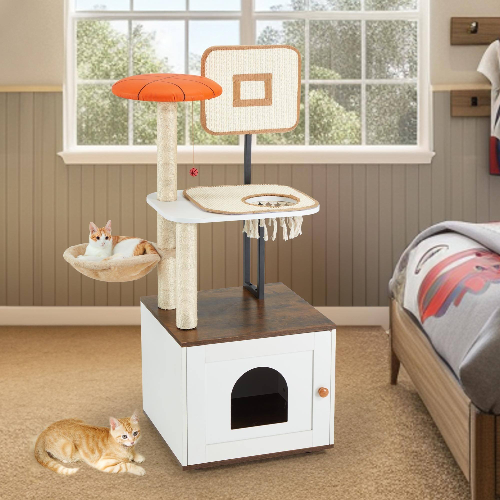 Alt View 5. U-HOMY - 2-in-1 Cat Tree with Hidden Litter Box, Scratching Posts & Observation Platform for Indoor Cats - White.