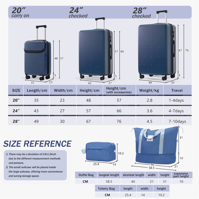 20" carry on  
24" checked  
28" checked  

| SIZE | Length/cm | Width/cm | Height/cm | Height/cm (with accessories) | Weight/kg | Travel |
|------|-----------|----------|-----------|---------------------------|-----------|--------|
| 20"  | 35        | 23       | 48        | 57                        | 2.8       | 1-4days |
| 24"  | 43        | 27       | 57        | 66                        | 3.6       | 4-7days |
| 28"  | 49        | 30       | 67        | 76                        | 4.5       | 7-10days |

**SIZE REFERENCE**  
1. There may be a deviation of 0.8-1.2inch due to the different measurement methods and persons.  
2. The small suitcase will be placed inside the large suitcase, offering more convenience and saving storage space.  

- Duffel Bag:  
  - Longest length: 58.5 cm  
  - Shortest length: 