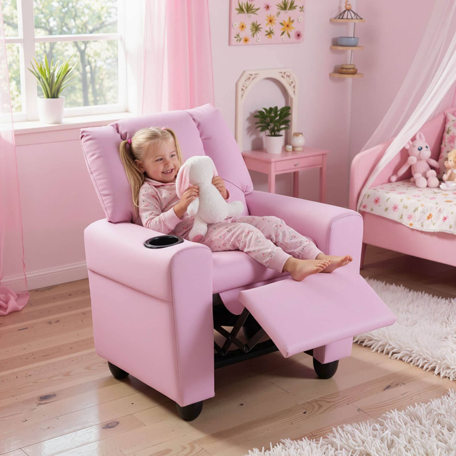 Alt View 4. Costway - Costway Kids Recliner with Cup Holder Adjustable Backrest & Footrest for Boys & Girls - Pink.