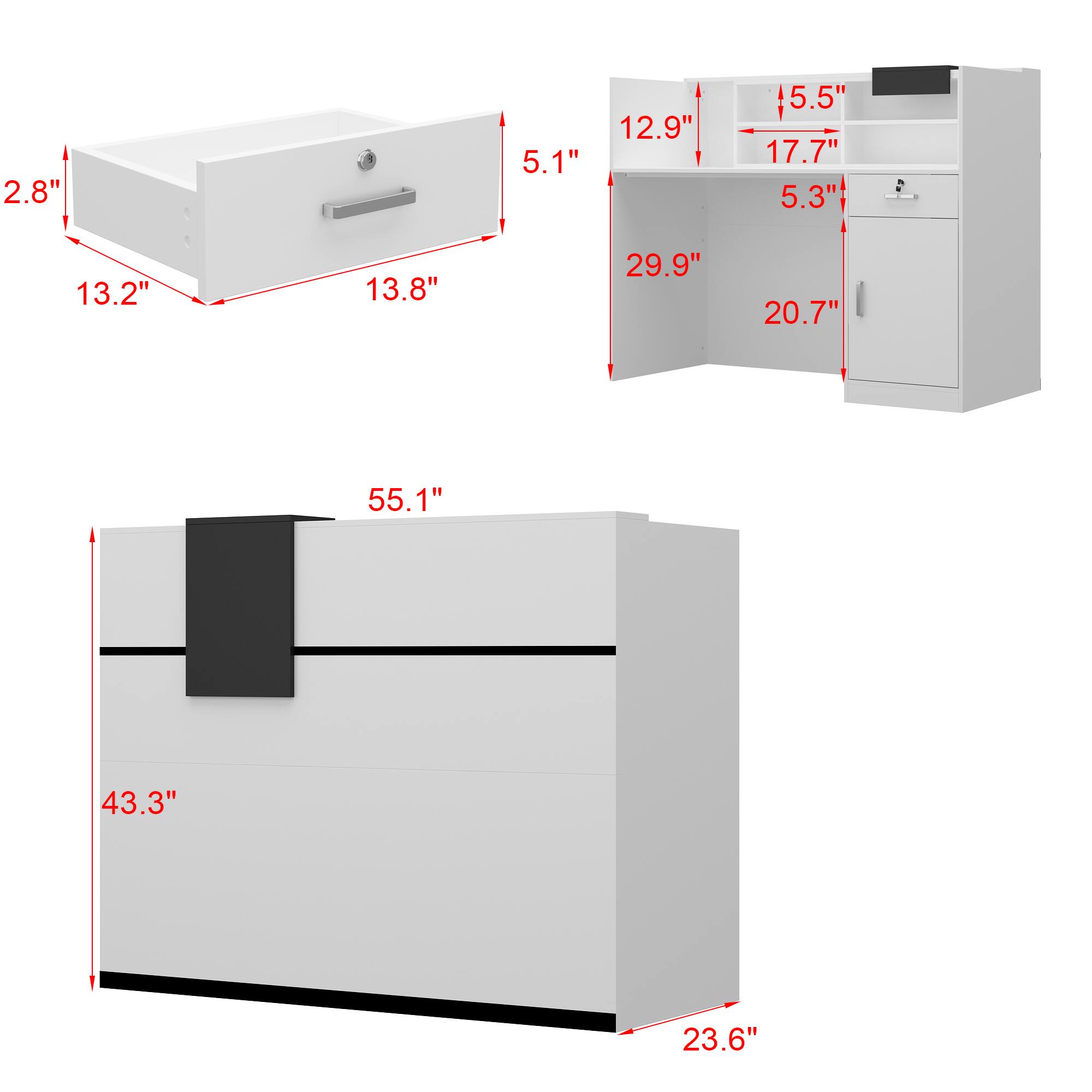 The text can be grouped as follows:

- Top left image: 2.8", 13.2", 13.8", 5.1"
- Top right image: 12.9", 5.5", 17.7", 5.3", 29.9", 20.7"
- Bottom image: 55.1", 43.3", 23.6"