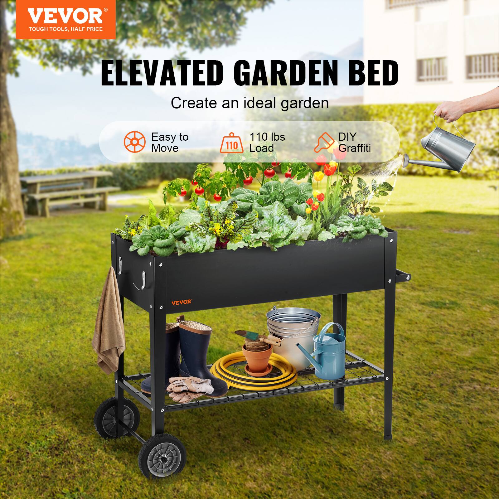 VEVOR TOUGH TOOLS, HALF PRICE  
ELEVATED GARDEN BED  
Create an ideal garden  
Easy to Move  
110 lbs Load  
DIY Graffiti