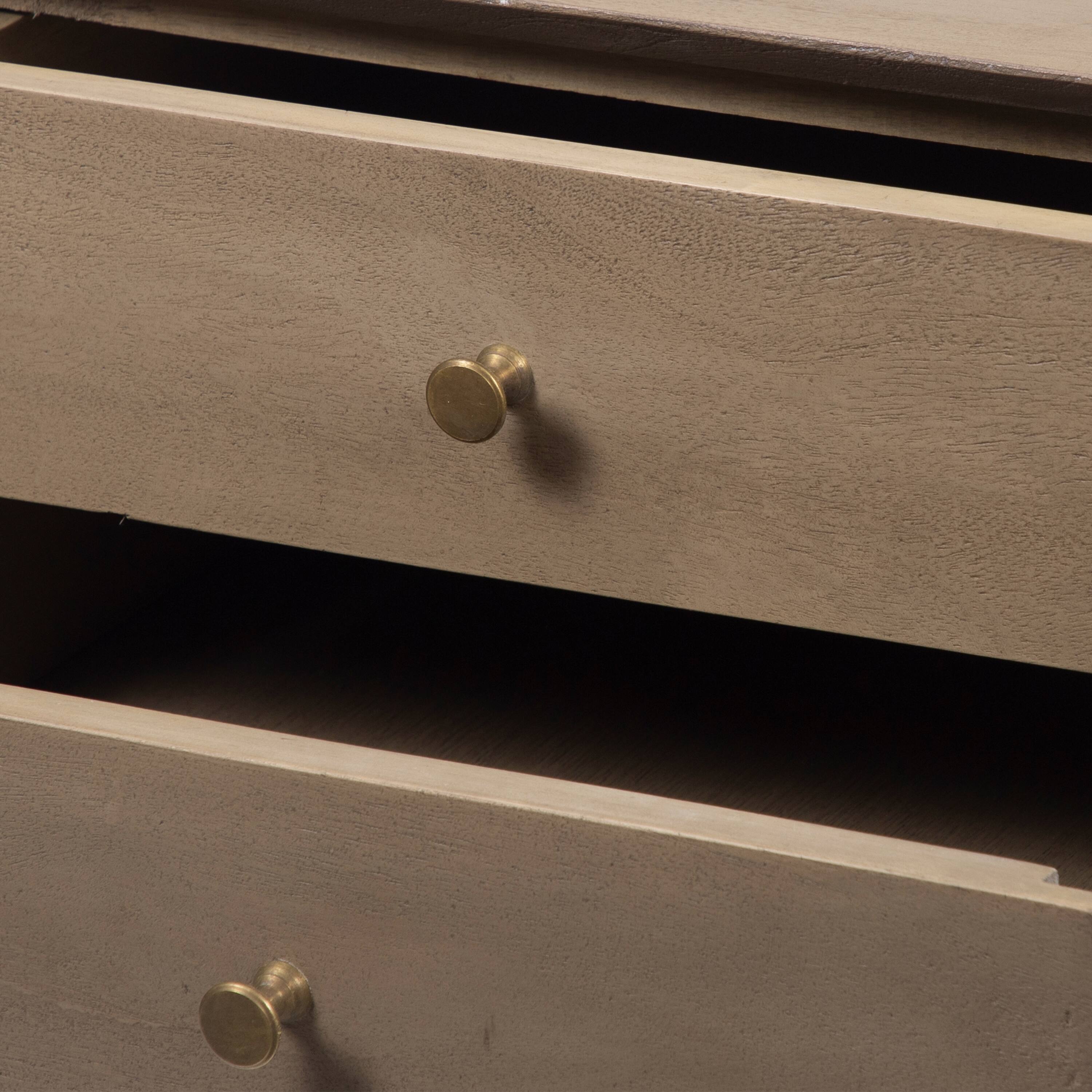 Alt View 4. Manhattan Lane - Nali Bedside Nightstand Table, 2 Drawers, Sandblasted Washed Ash White Mango Wood, Brass Knobs - Washed Ash White.