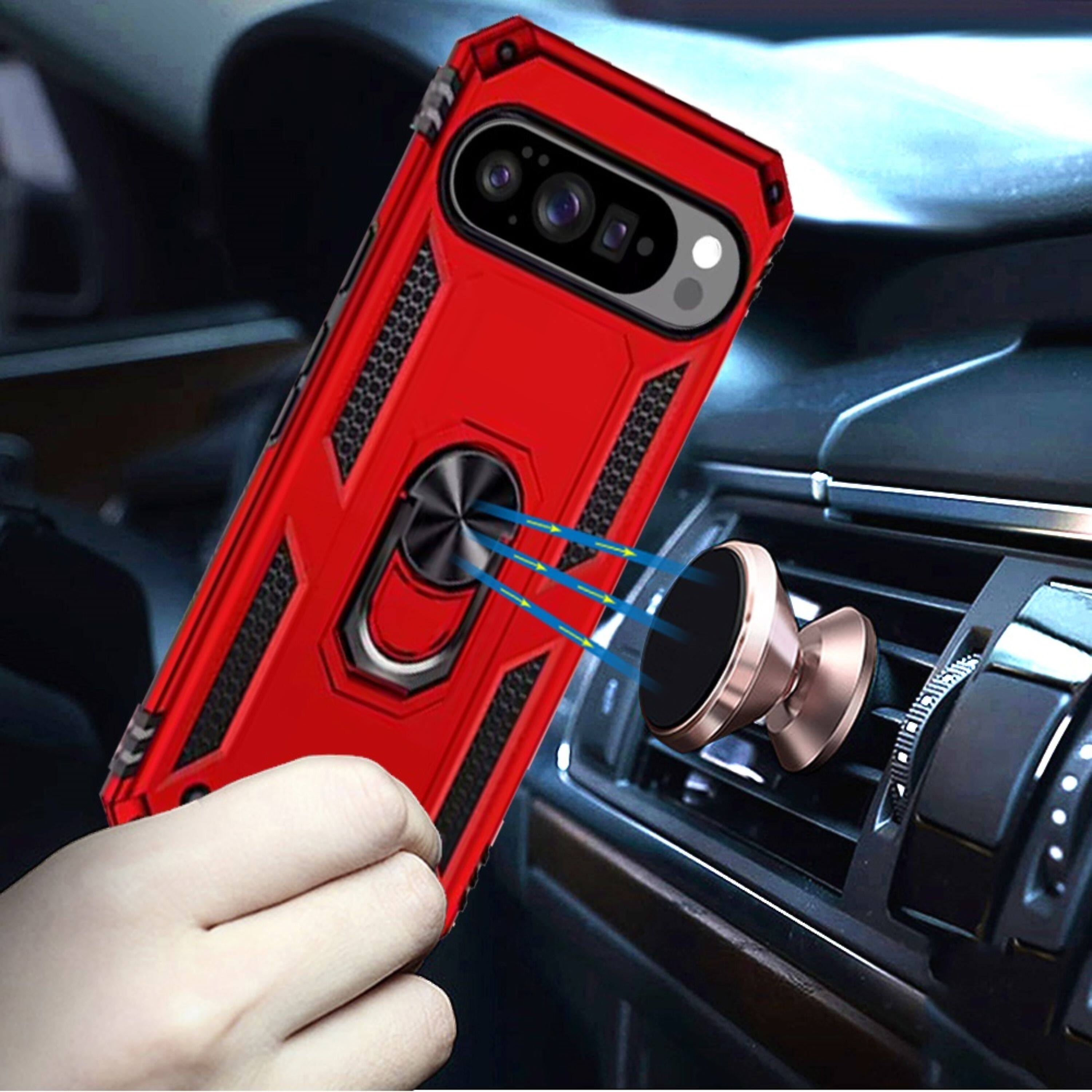 Angle. Kitcheniva - Shockproof Ring Holder Magnetic Kickstand Phone Case With Tempered Glass For Google Pixel 10 Pro XL Red - Red.