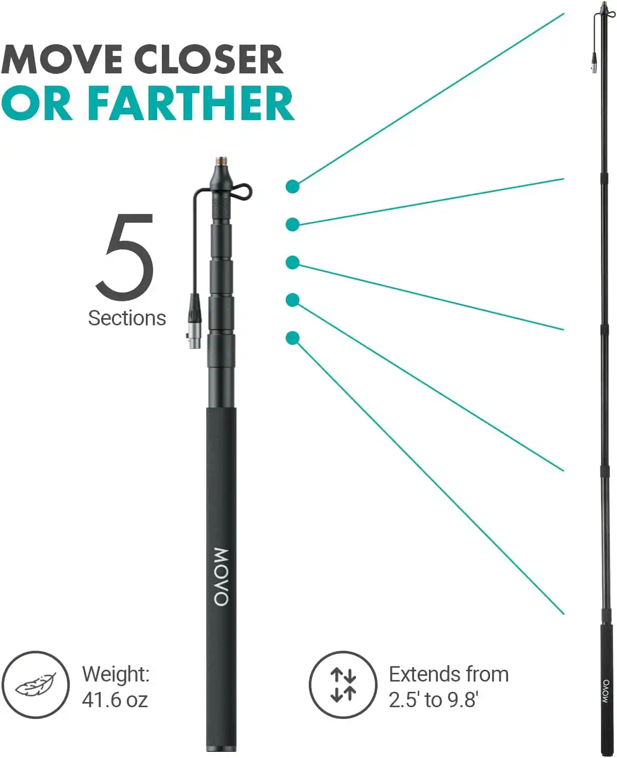 MOVE CLOSER OR FARTHER

5 Sections

Weight: 41.6 oz

Extends from 2.5' to 9.8'