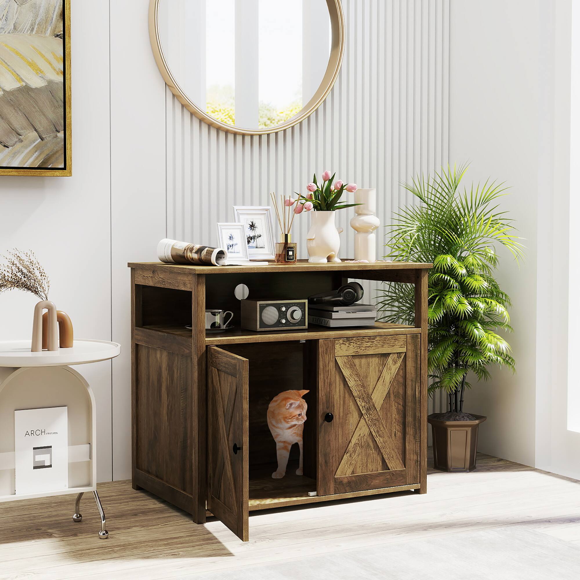 Alt View 1. Gymax - Gymax Cat Litter Box Enclosure w/ Double Barn Doors Divider Side Entry Storage Shelf - Oak.