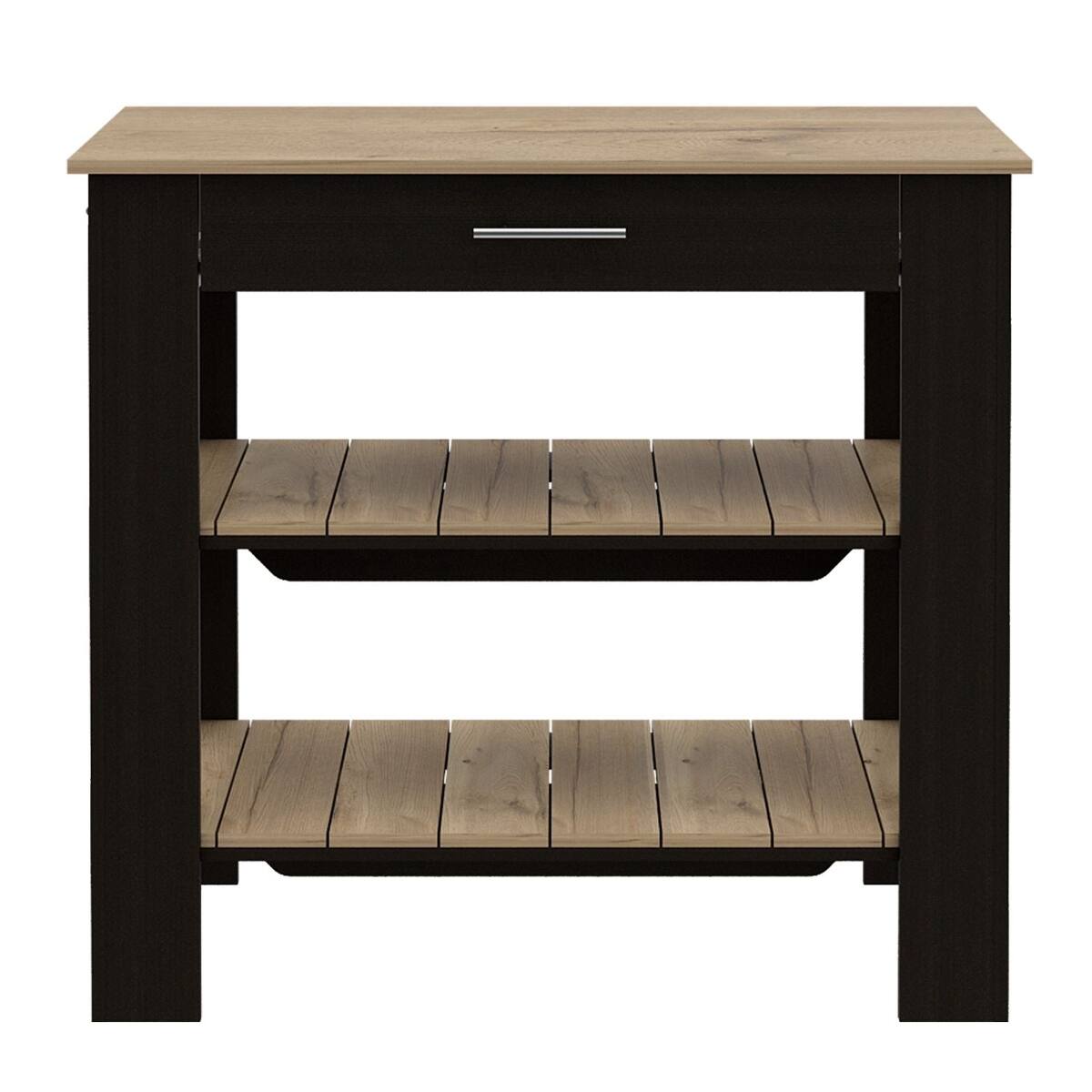 Left. Loheer - Loheer 37 inch tall freestanding kitchen island with two open storage shelves and drawer Black Light Oak - Black / Light Oak.