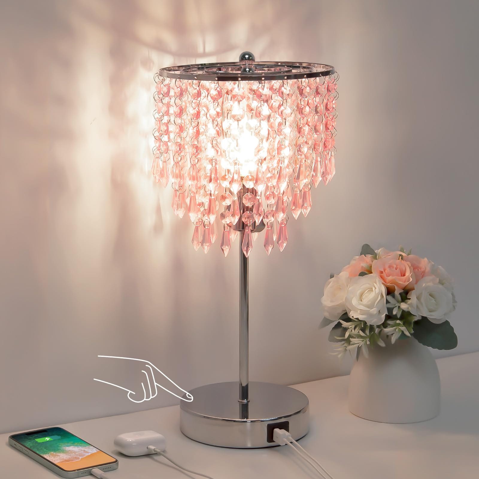 TECH SAFARI - Touch Control Crystal Table Lamp With Usb C a Ports way Dimmable Bedside Light Shade For Bedroom Living Ro - Pink