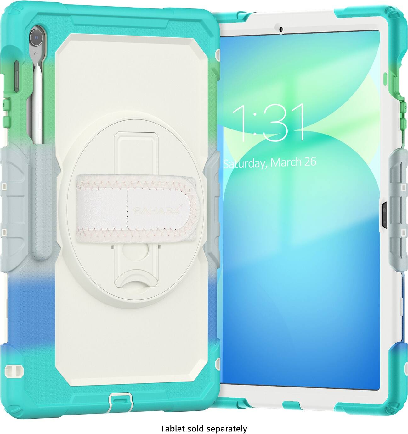 The image shows a tablet with a blue case and a white case. The tablet is open and displaying the time of 1:31. The text on the image reads "1:31 Saturday, March 26 SAHARA Tablet sold separately."