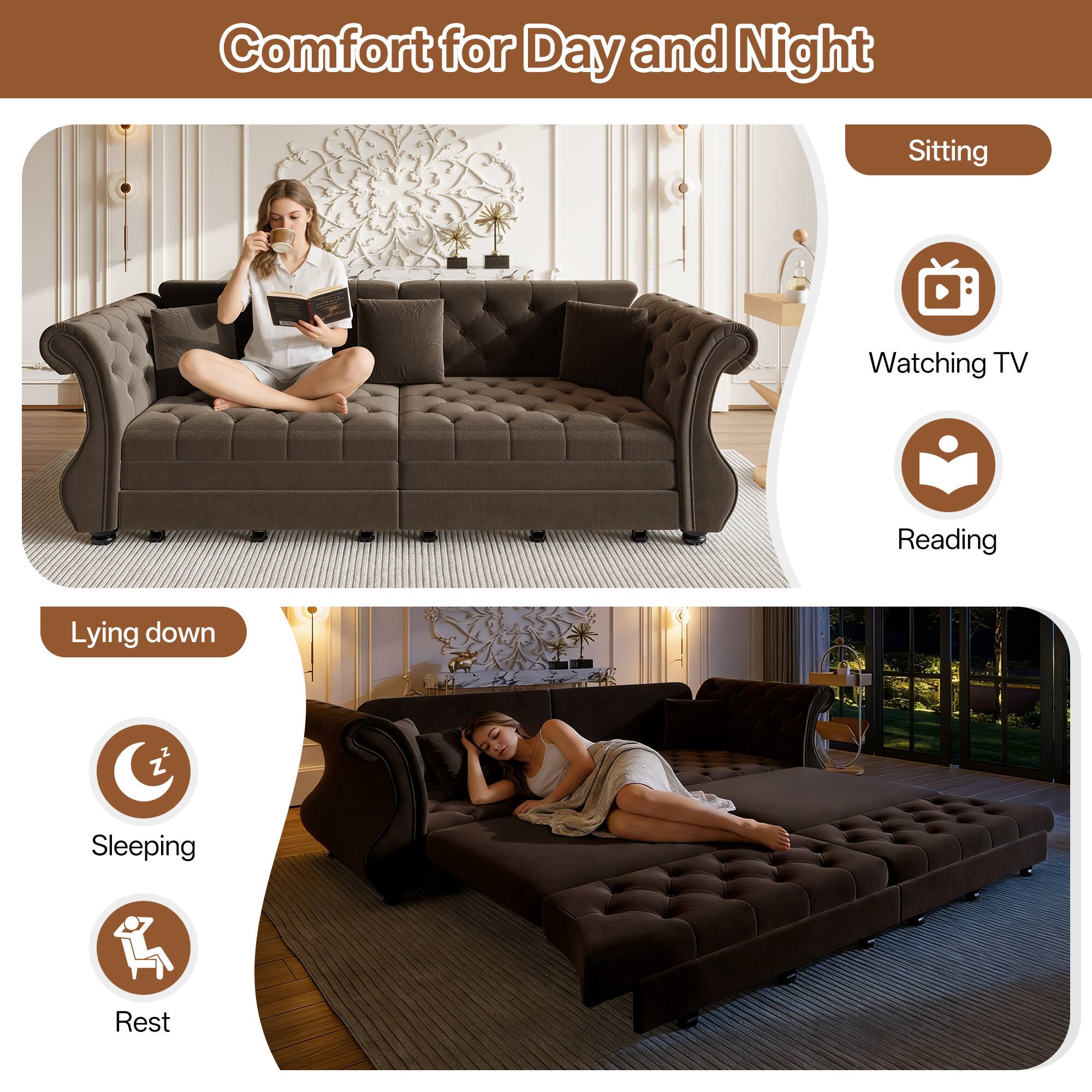 Comfort for Day and Night

Sitting
- Watching TV
- Reading

Lying down
- Sleeping
- Rest