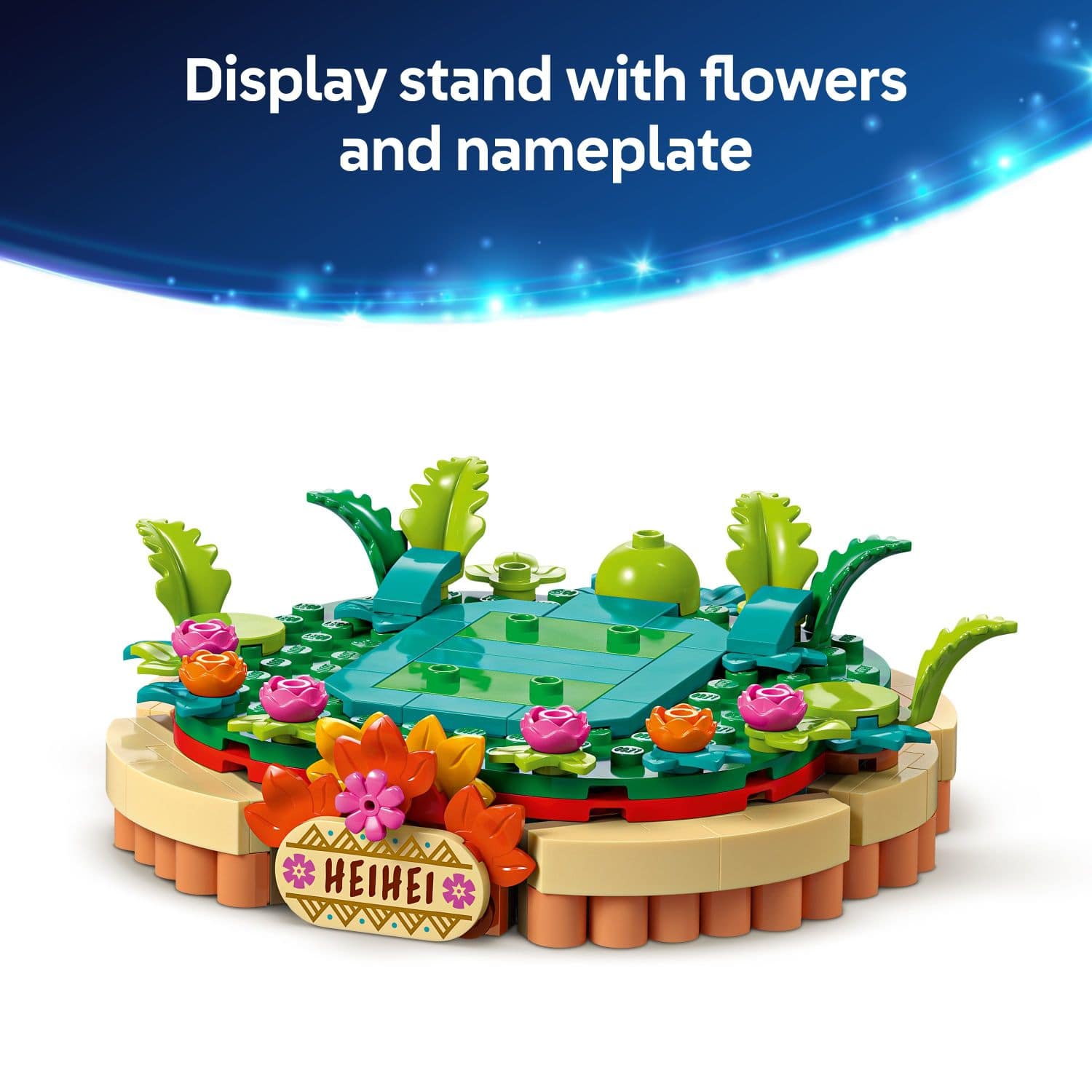Display stand with flowers and nameplate: C Hei Hei