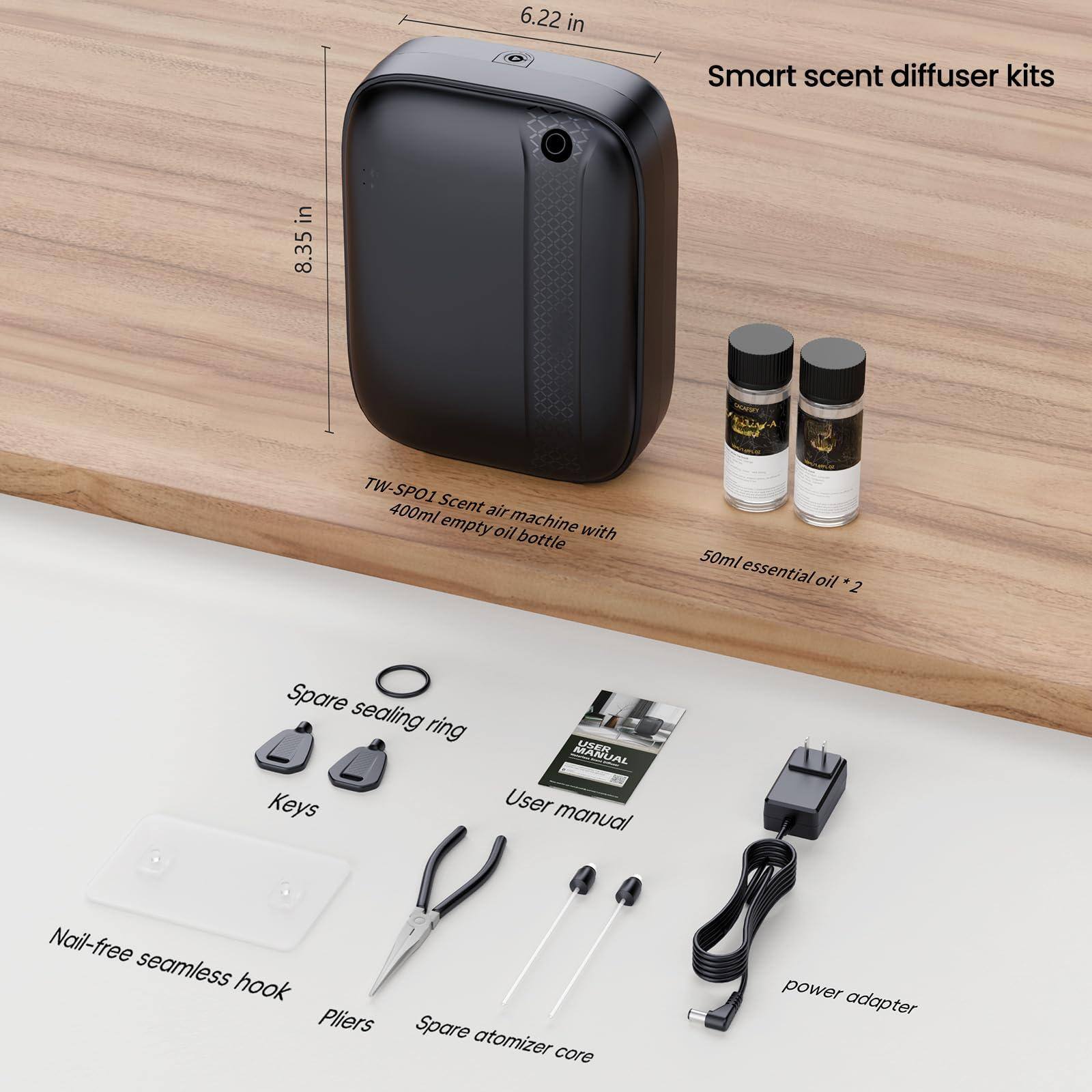 Sure, here is the corrected and grouped text from the image:

---

**Smart scent diffuser kits**

- TW-SPO1 scent air machine with 400ml empty oil bottle
- 50ml essential oil * 2
- Spare sealing ring
- Keys
- User manual
- Nail-free seamless hook
- Pliers
- Spare atomizer core
- Power adapter

---

**Dimensions:**
- Height: 8.35 in
- Width: 6.22 in