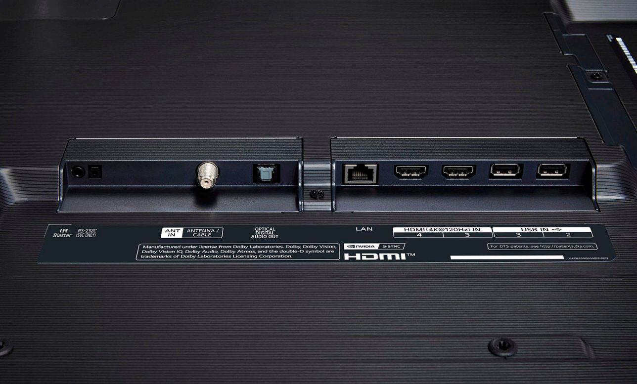 The text on the image reads:

"IR RS-232C Blaster SVC ONLY) ANT ANTENNA IN CABLE OPTICAL DIGITAL AUDIO OUT LAN HDMI(4K@120Hz) IN 4 3 USB IN 3 2 Manufactured under license from Dolby Laboratories Dolby, Dolby Vision, Dolby Atmos, and the double-d symbol are TM trademarks of Dolby Laboratories Licensing Corporation HDMI For DIS patents see nttp <http://patents.cts.com/mexico>."

The text is describing the features of the device, including HDMI support, Dolby Vision, Dolby Atmos, and Dolby Audio. It also mentions that the device is manufactured under license from Dolby Laboratories and has a USB input.