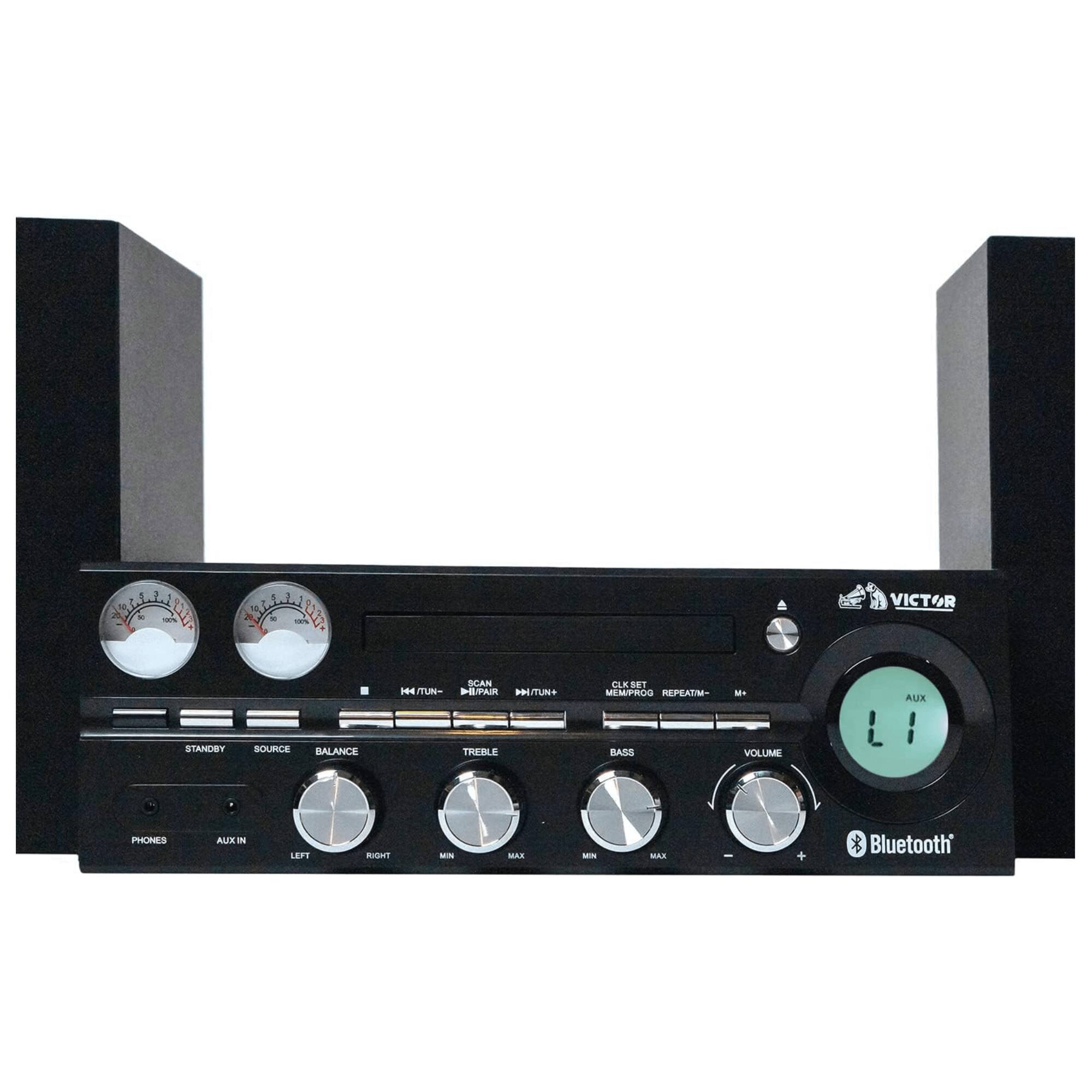 2 W N - 1 - VICTOR GCAN HH TUN - HUAR HH/TUN+ OL. 5E1 MEMPROS REPEATIM - M AUX STANDBY SOURCE BALANCE TREBLE BASS VOLUME PHONES AUX IN LEFT RIGHT MIN MAX Bluetooth